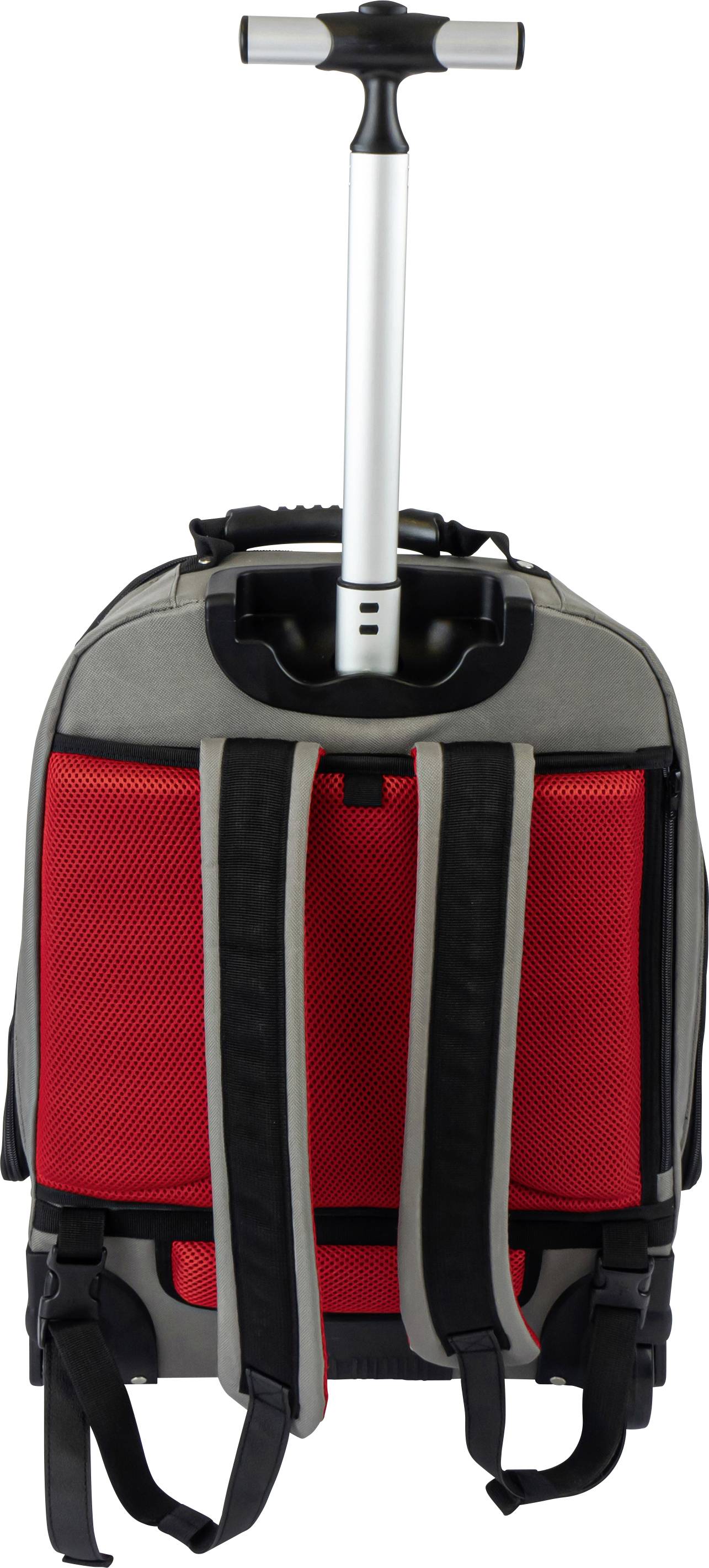 Czerwona walizka na kółkach z wysuwaną rączką i paskiem na ramię, widziana od tyłu.