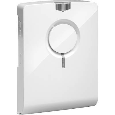 Biały elektroniczny termostat pokojowy z okrągłą tarczą nastawczą i wyświetlaczem cyfrowym do regulacji temperatury.