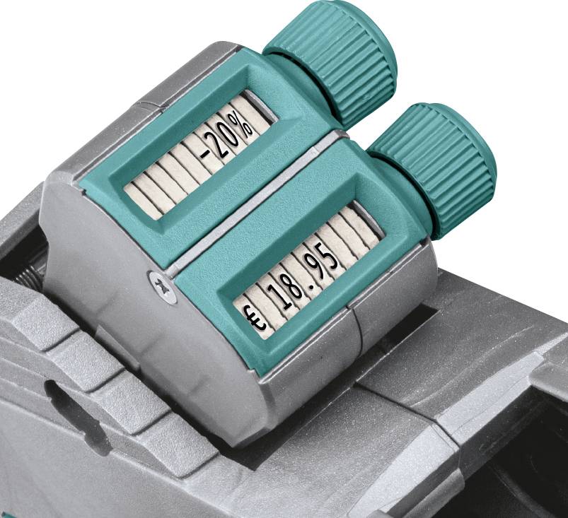 Cyfrowy przyrząd wyświetlający z dwiema skalami: górna '-20%', dolna 'EUR 18,95'. Wyświetla cenę i rabat. Szara obudowa, zielone przyciski.