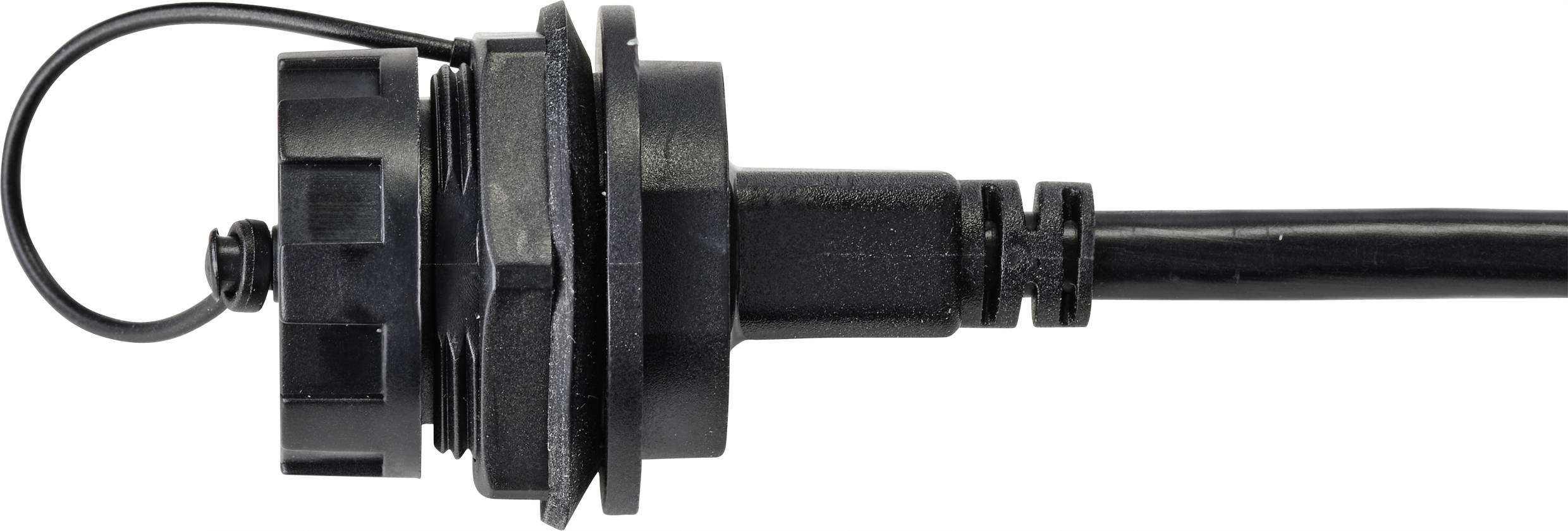 Czarny okrągły złącz z przewodem i osłoną ochronną, umieszczony bocznie, na białym tle. Używany do połączeń elektrycznych.