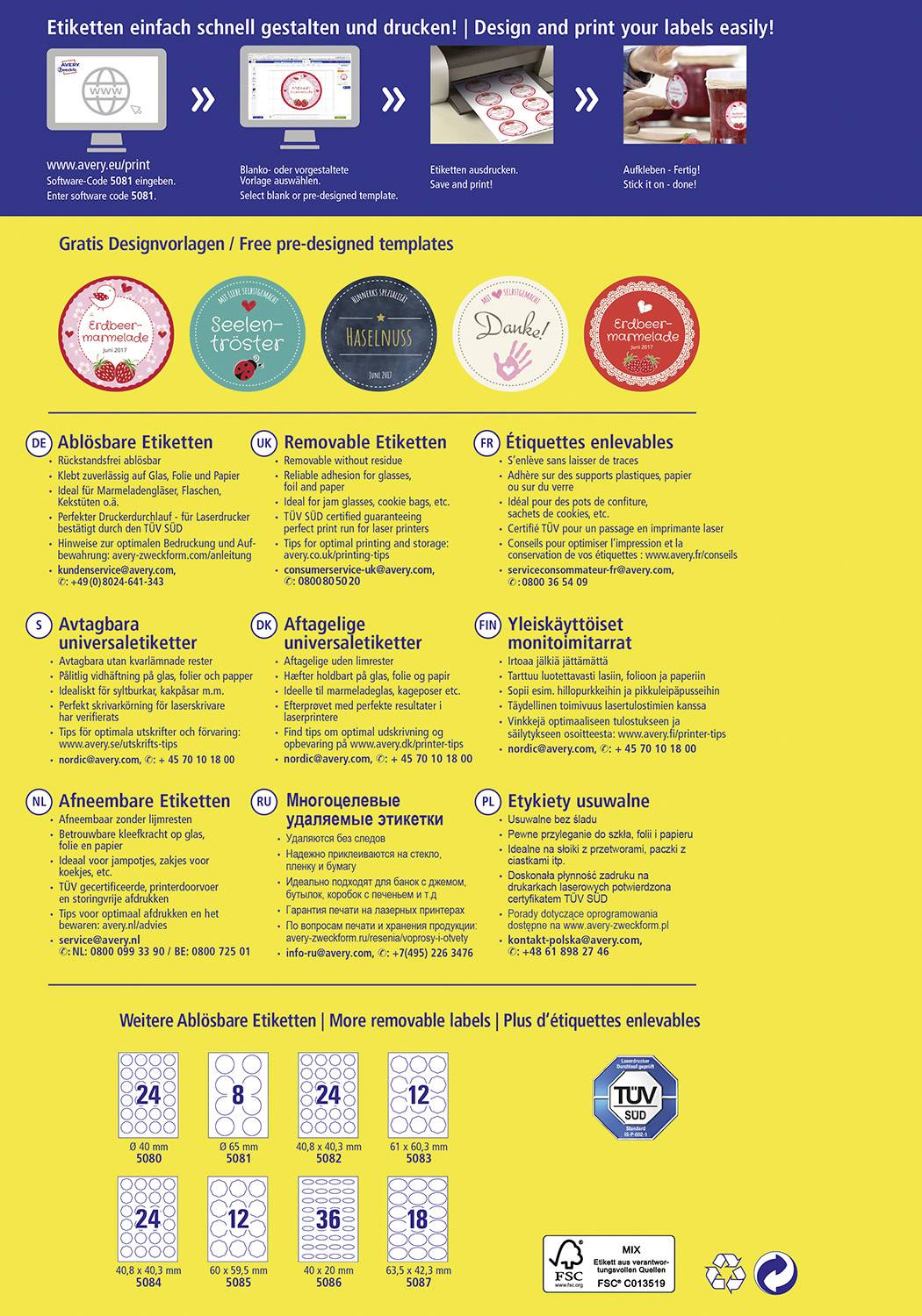 Універсальна етикетка Avery-Zweckform 5081 Ø 65 мм Білий папір 80 шт. Знімний кольоровий лазерний принтер, лазерний принтер, струм