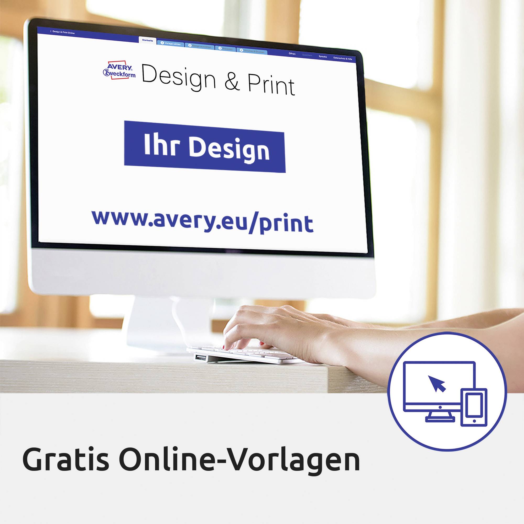 Ekran komputera wyświetla 'Twój projekt' i 'www.avery.eu/print'. Poniżej widnieje napis 'Darmowe szablony online'. Widać rękę.