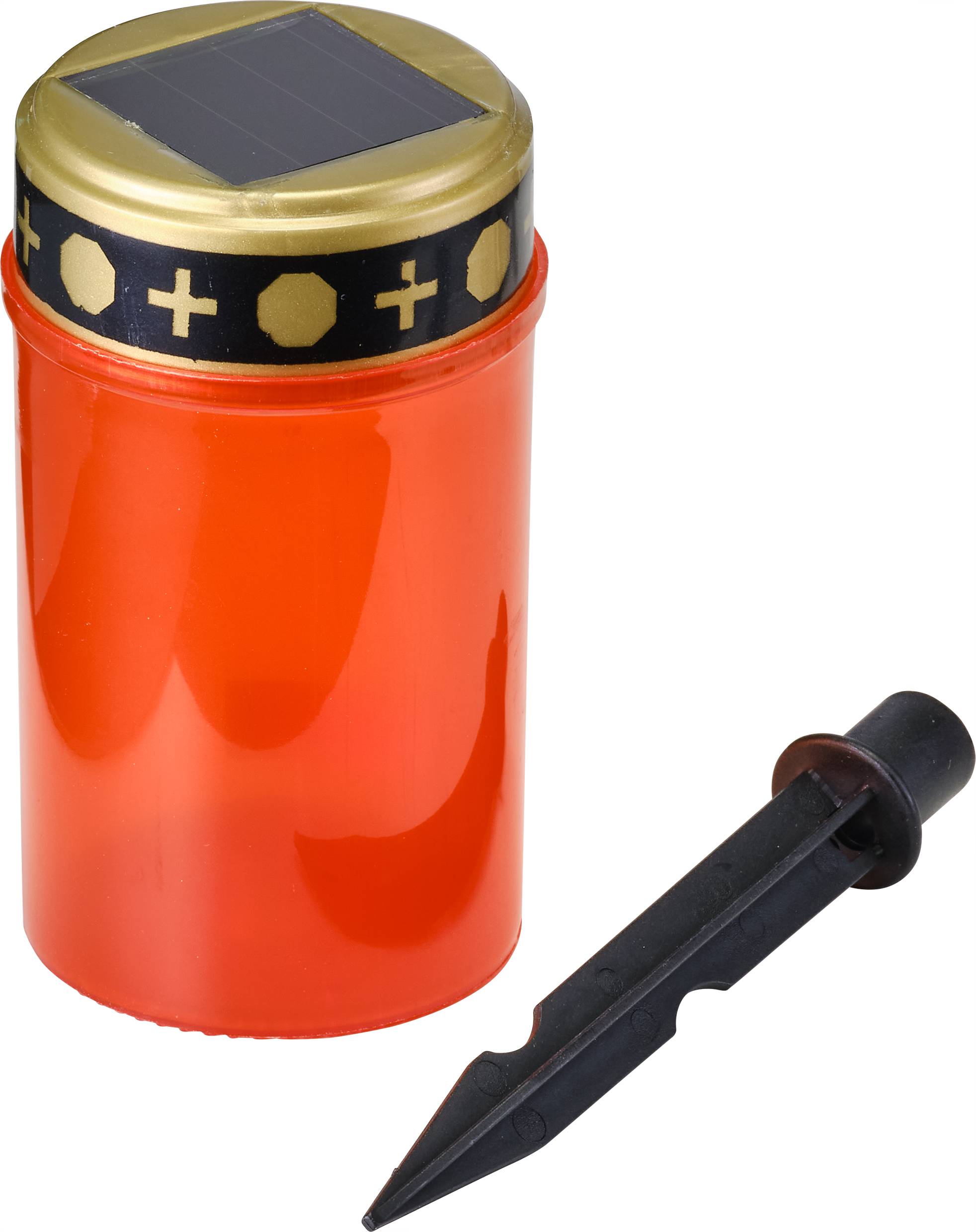 Czerwona lampa solarna z górną częścią w kolorze złotym i czarnym, wbijanym w miękki grunt mocowaniem, prawdopodobnie przeznaczona do oświetlenia ogrodowego.