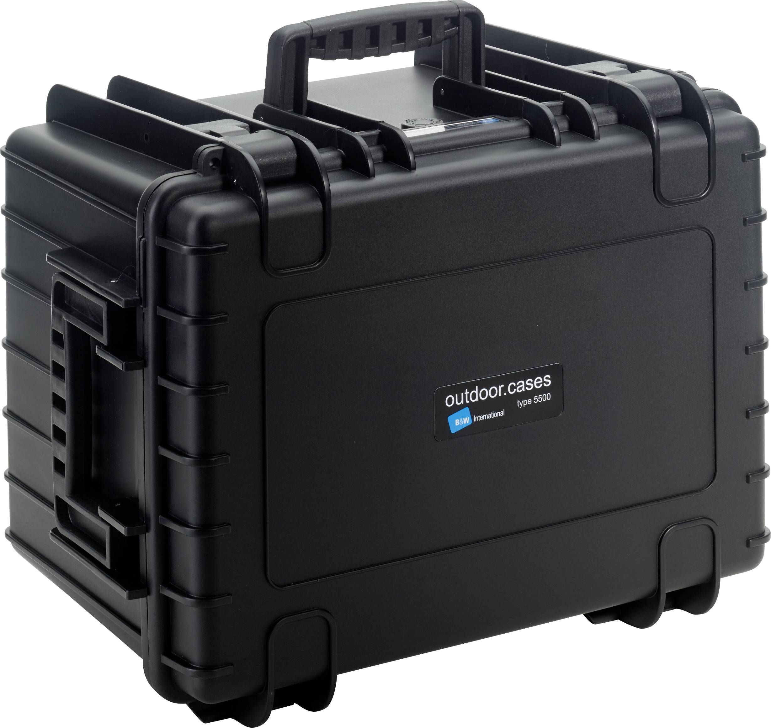 Czarny, solidny twardy kufer z uchwytem. Napis: 'outdoor.cases'. Idealny do bezpiecznego transportu delikatnych przedmiotów.