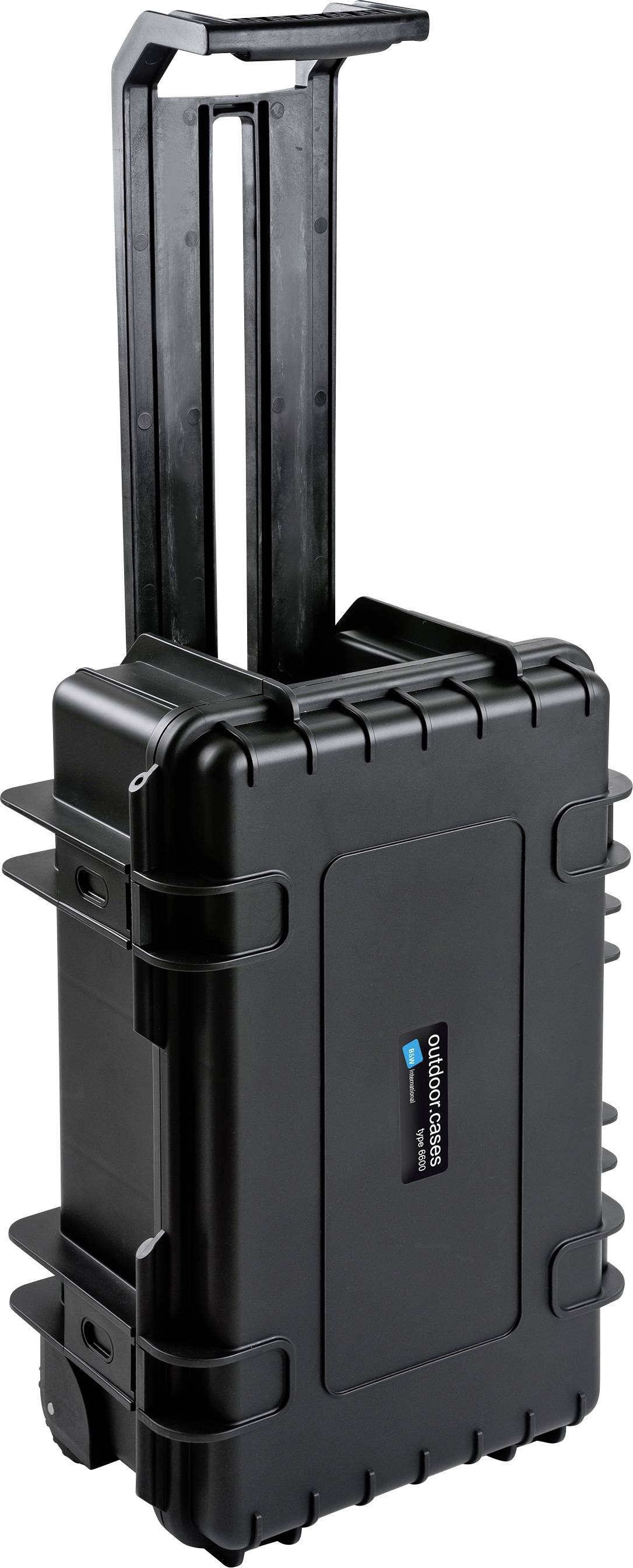 Czarny, wytrzymały kufer transportowy z wysuwaną rączką i kółkami, przeznaczony do bezpiecznego przewożenia delikatnego sprzętu.