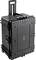 Duży, czarny, twardy kufer na kółkach z uchwytem i wzmocnionymi krawędziami. Idealny do bezpiecznego transportu delikatnych przedmiotów.