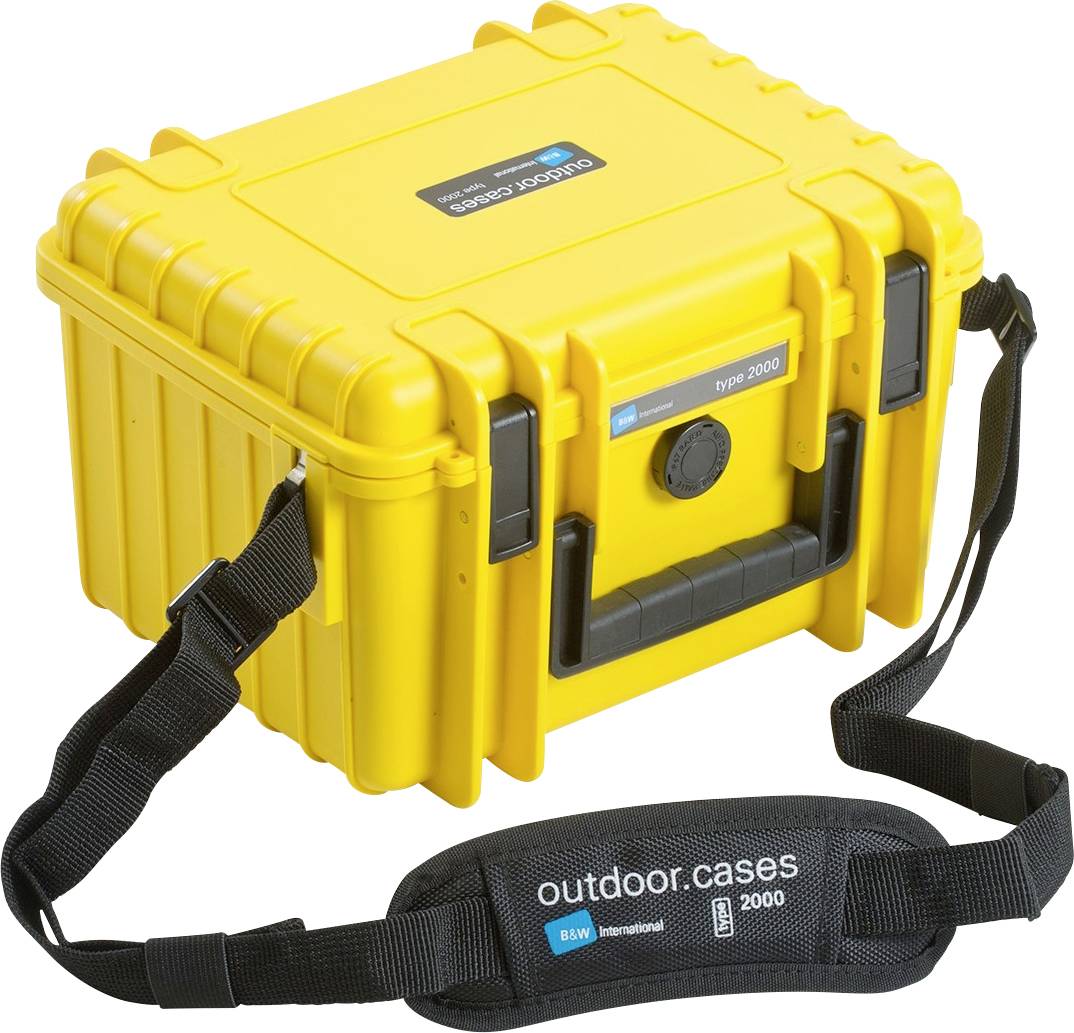 Żółta, solidna walizka z czarnym uchwytem i paskiem. Nadruk 'outdoor.cases by B&W international' oraz 'type 2000'.