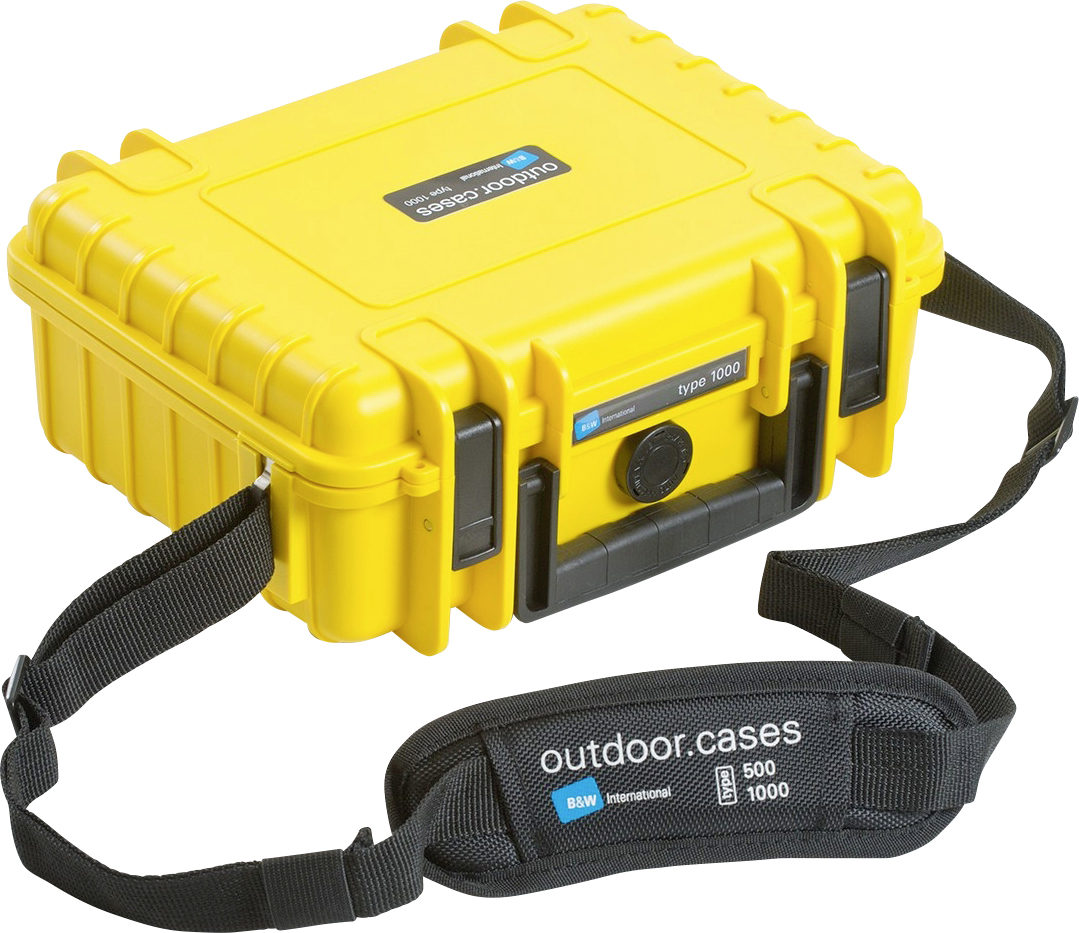 Żółta, wytrzymała walizka outdoorowa z czarnym paskiem do noszenia. Walizka jest odporna na warunki atmosferyczne i nadaje się do bezpiecznego transportu delikatnych urządzeń.