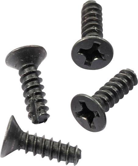 Cztery czarne wkręty krzyżowe leżą nieregularnie obok siebie na białym tle.