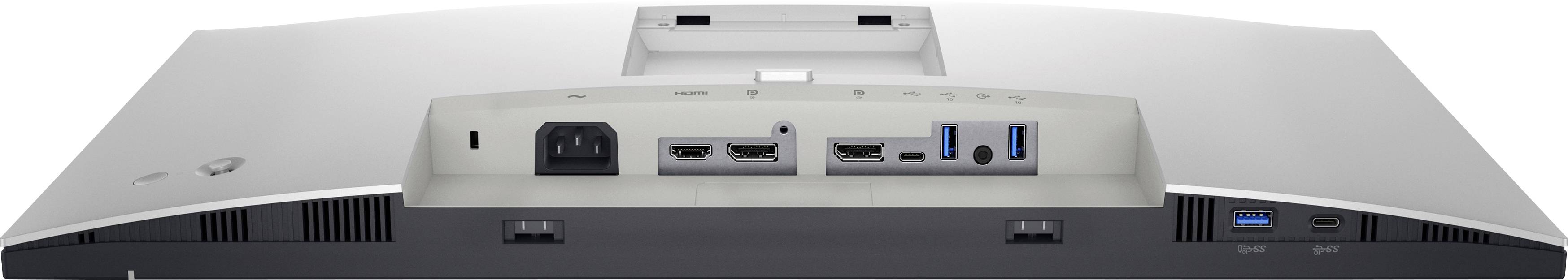 Widok z tyłu monitora komputerowego z wieloma portami: złącze zasilania, dwa porty HDMI, DisplayPort, złącza USB.