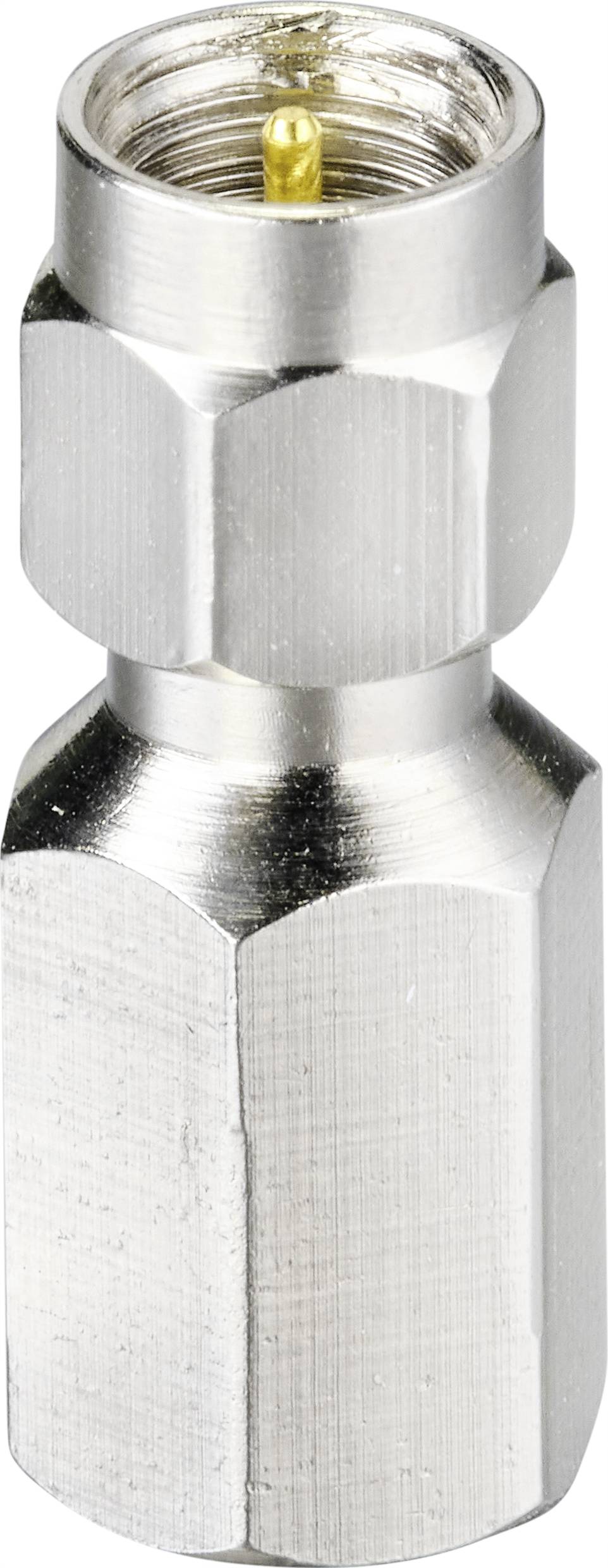 Srebrny adapter metalowy z sześciokątną częścią środkową i złączem gwintowym, stosowany do połączeń elektronicznych.