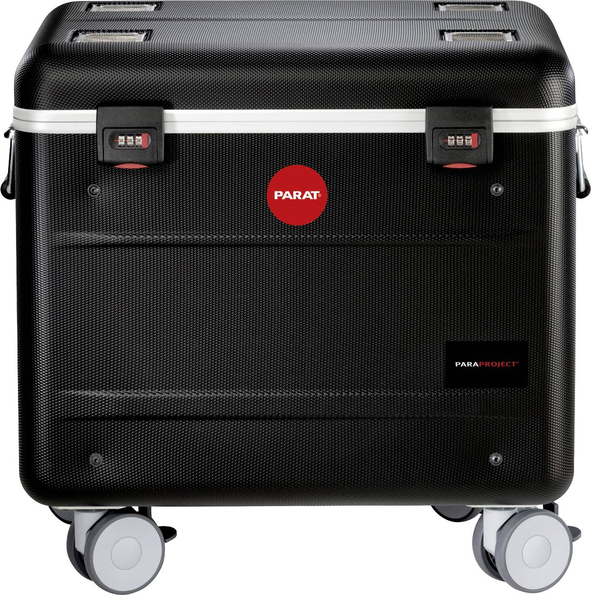 Solidny, czarny walizka na kółkach z zamkiem szyfrowym. Odpowiednia do transportu i przechowywania. Widoczna nazwa marki 'Parat'.