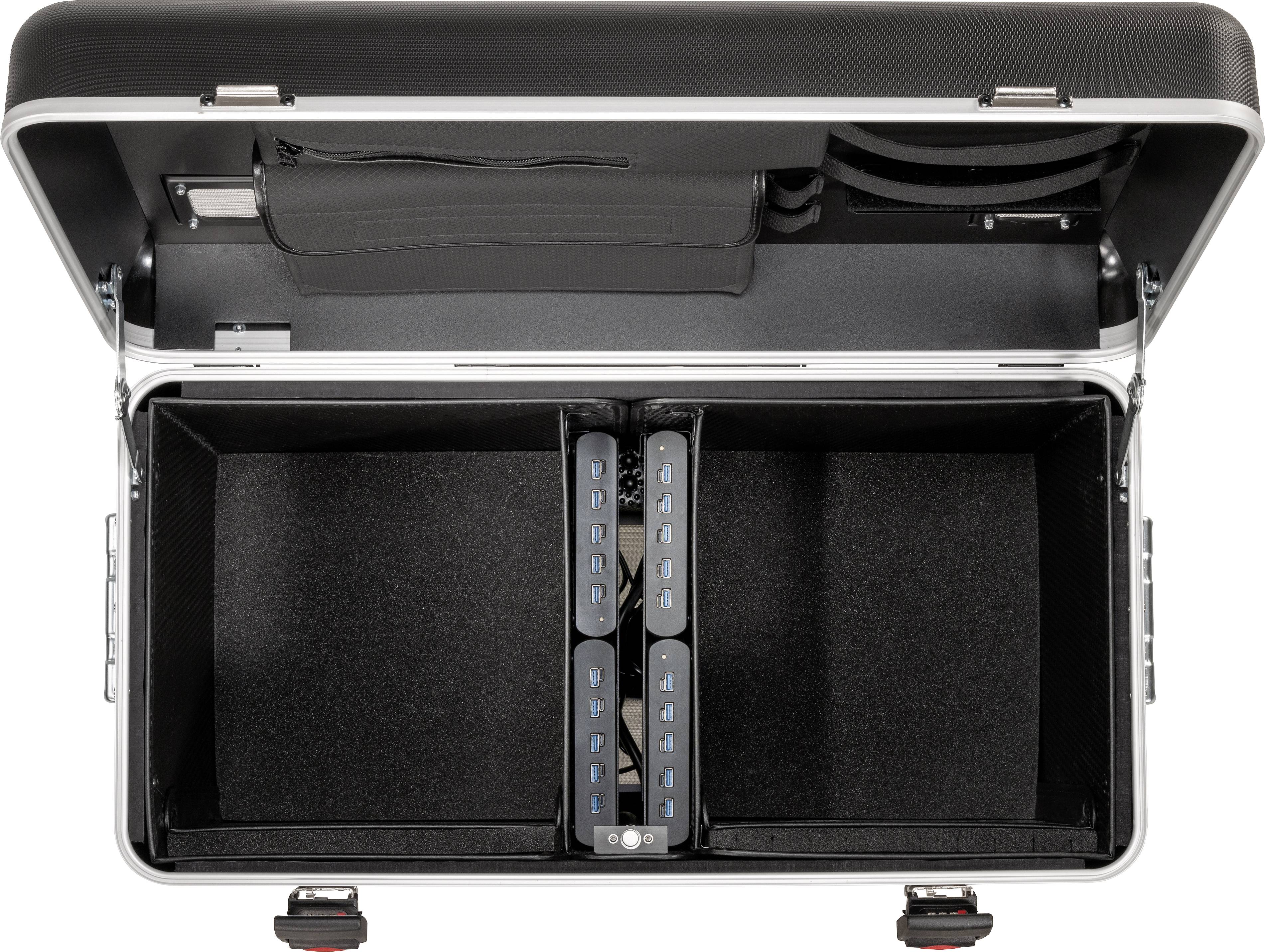 Otwarta walizka z dwoma wyściełanymi przegrodami, uchwytami na kable i kieszenią w pokrywie, idealna dla sprzętu fotograficznego.