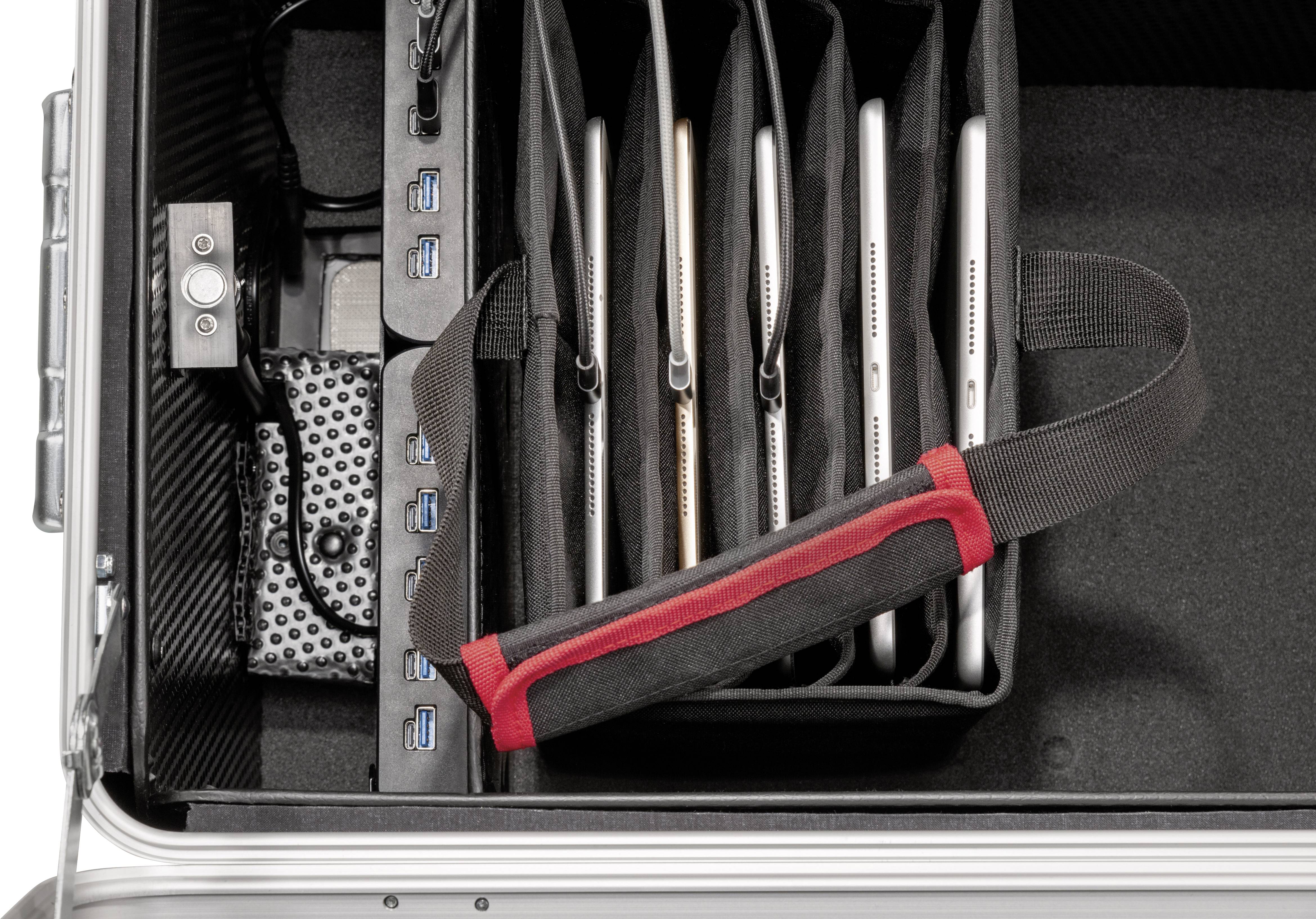 Tablety są zorganizowane w systemie transportowo-ładującym z portami USB. Odpowiednie do bezpiecznego przewozu wielu urządzeń.