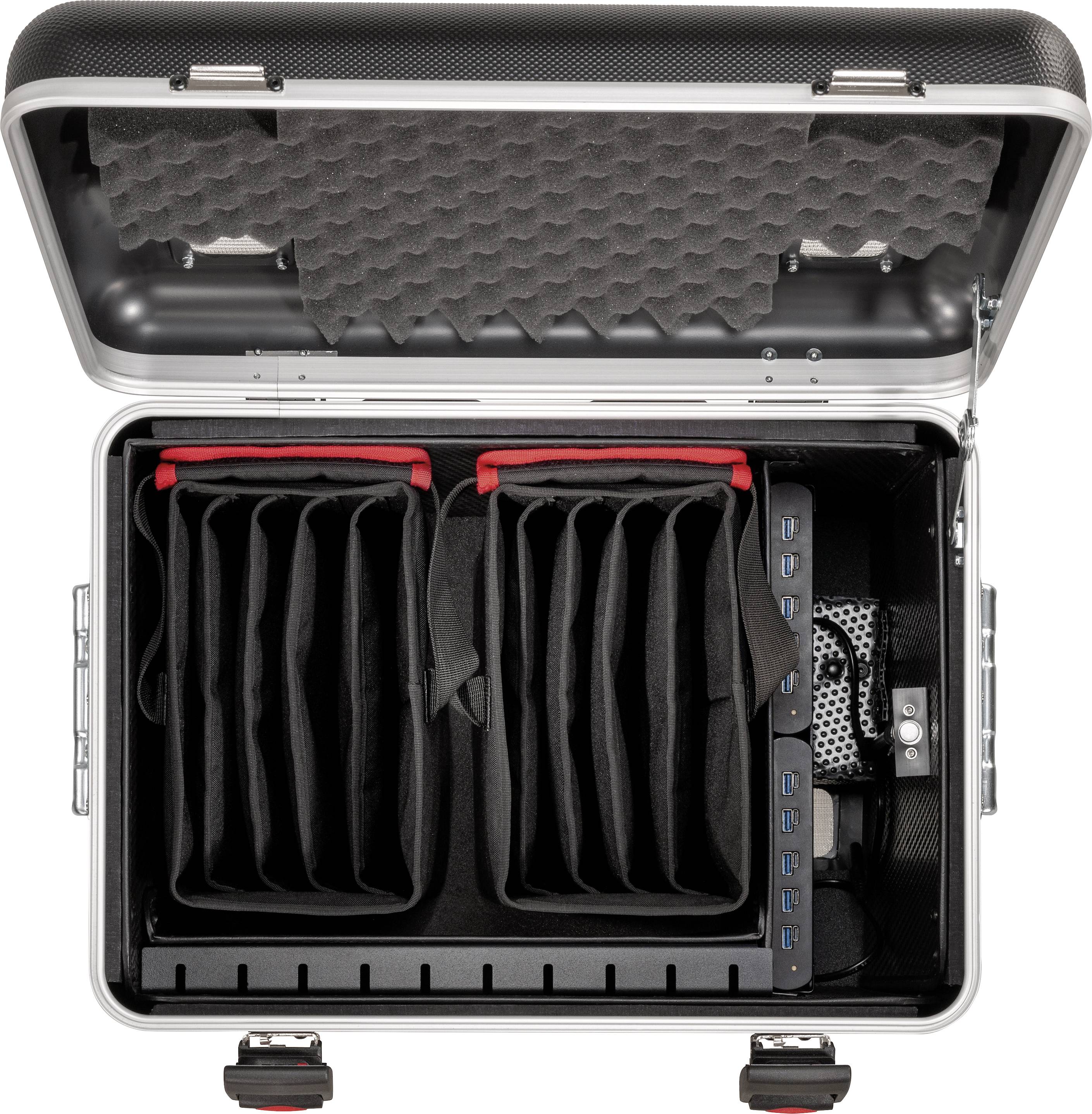 'Otwarty kufer z przegrodami i gniazdami USB, odpowiedni do bezpiecznego przechowywania urządzeń elektronicznych.'