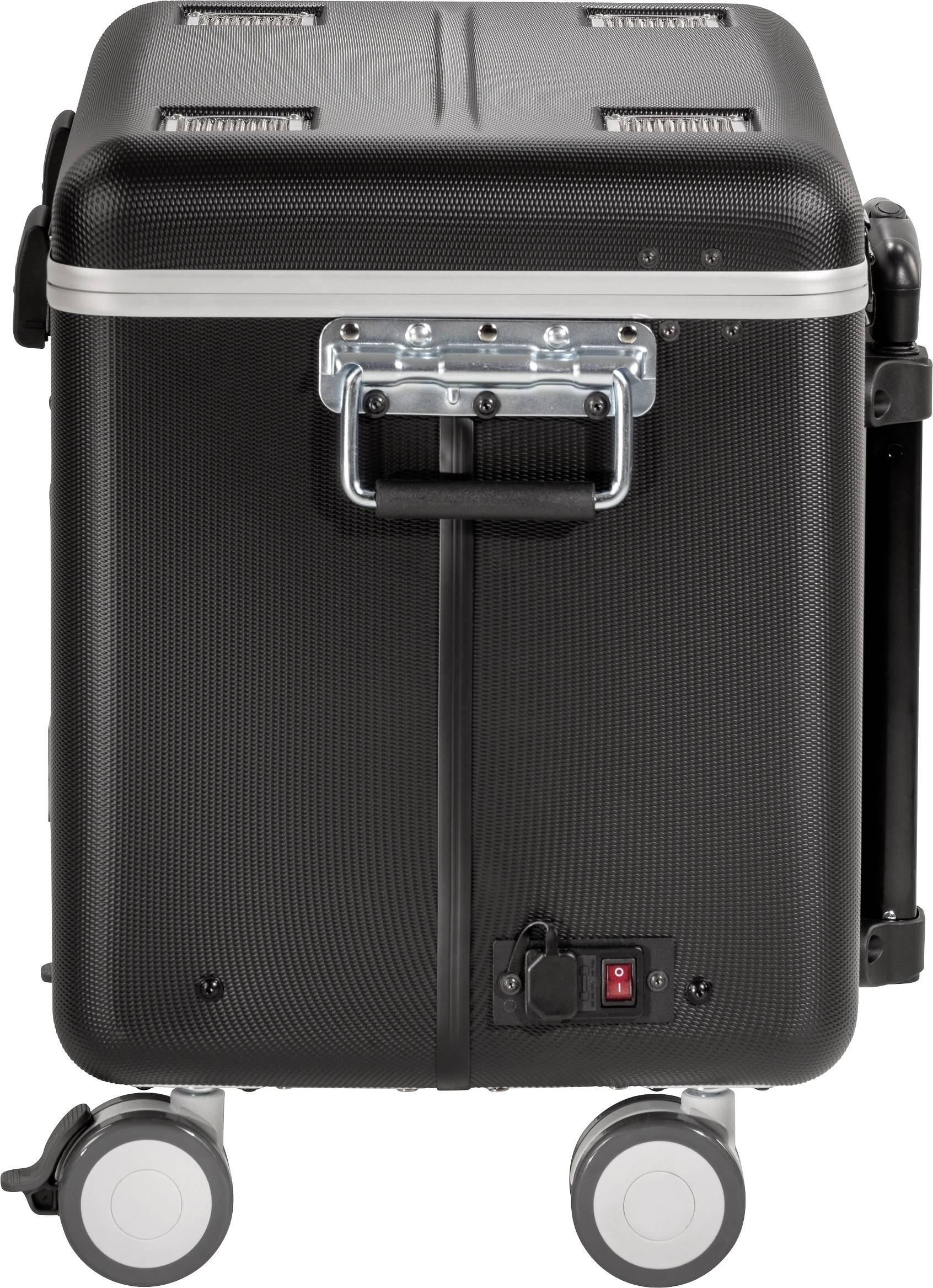 Czarna walizka z twardej skorupy z uchwytem, dwoma kółkami i przełącznikiem z przodu, odpowiednia do transportu sprzętu.