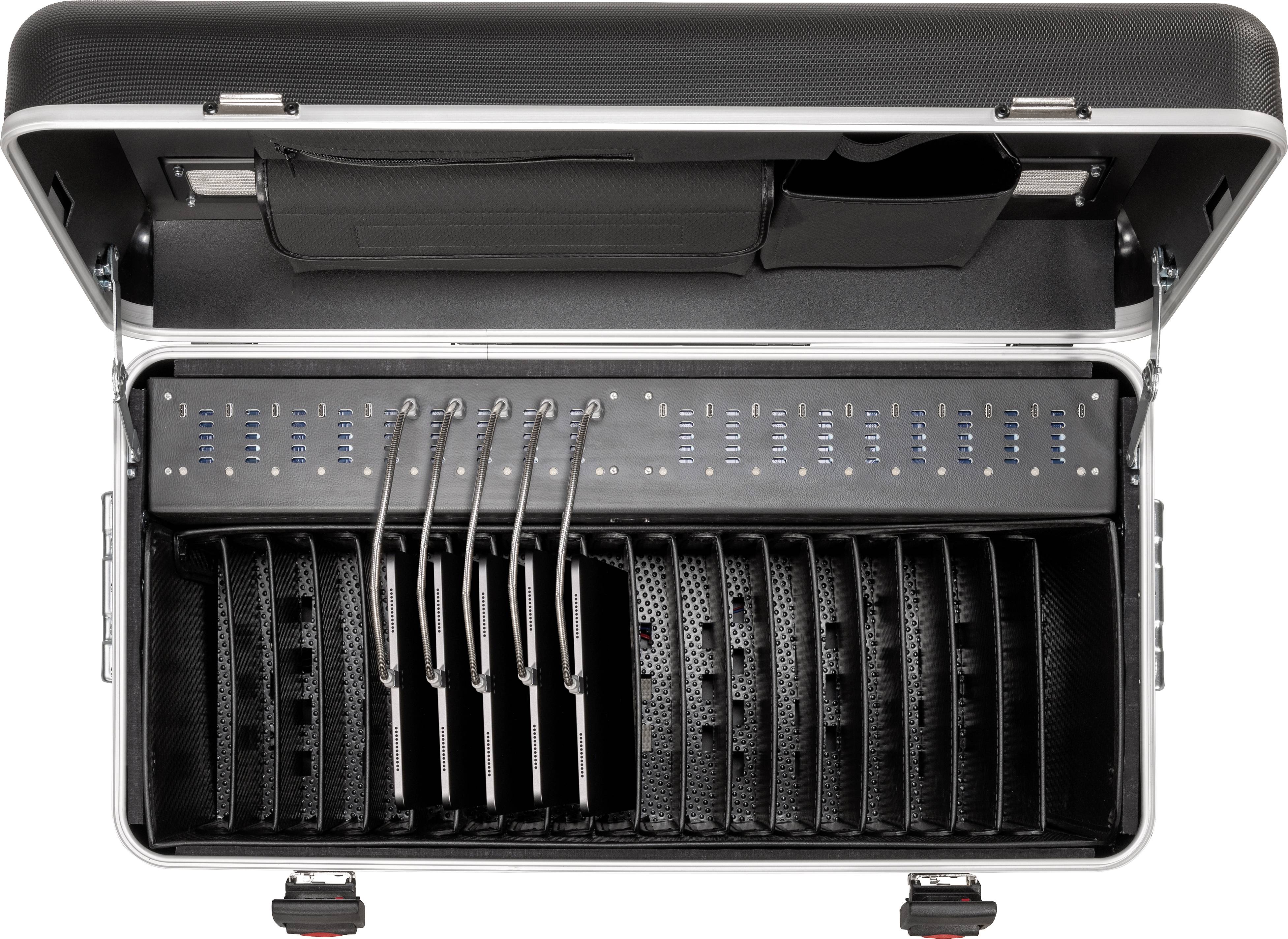 Otwarty pojemnik transportowy z wieloma gniazdami dla urządzeń, wszystkie podłączone przewodami, gotowe do synchronizacji lub ładowania.