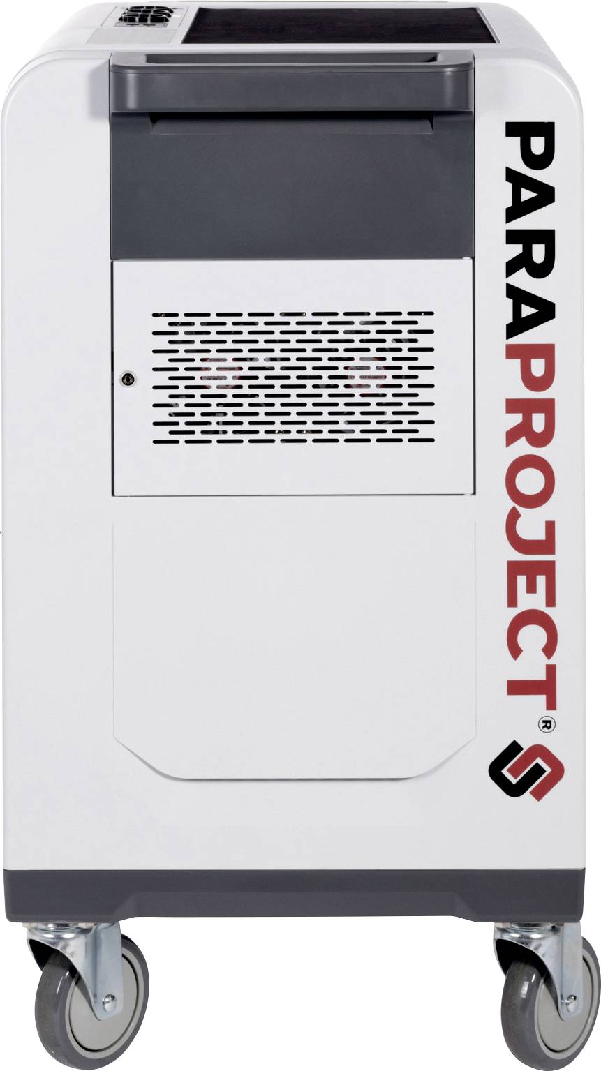 Szafa mobilna 'PARAPROJECT' na kółkach, z kratką wentylacyjną i zamkiem elektronicznym, w kolorze białym z szarym akcentem; przeznaczona dla sprzętu komputerowego.