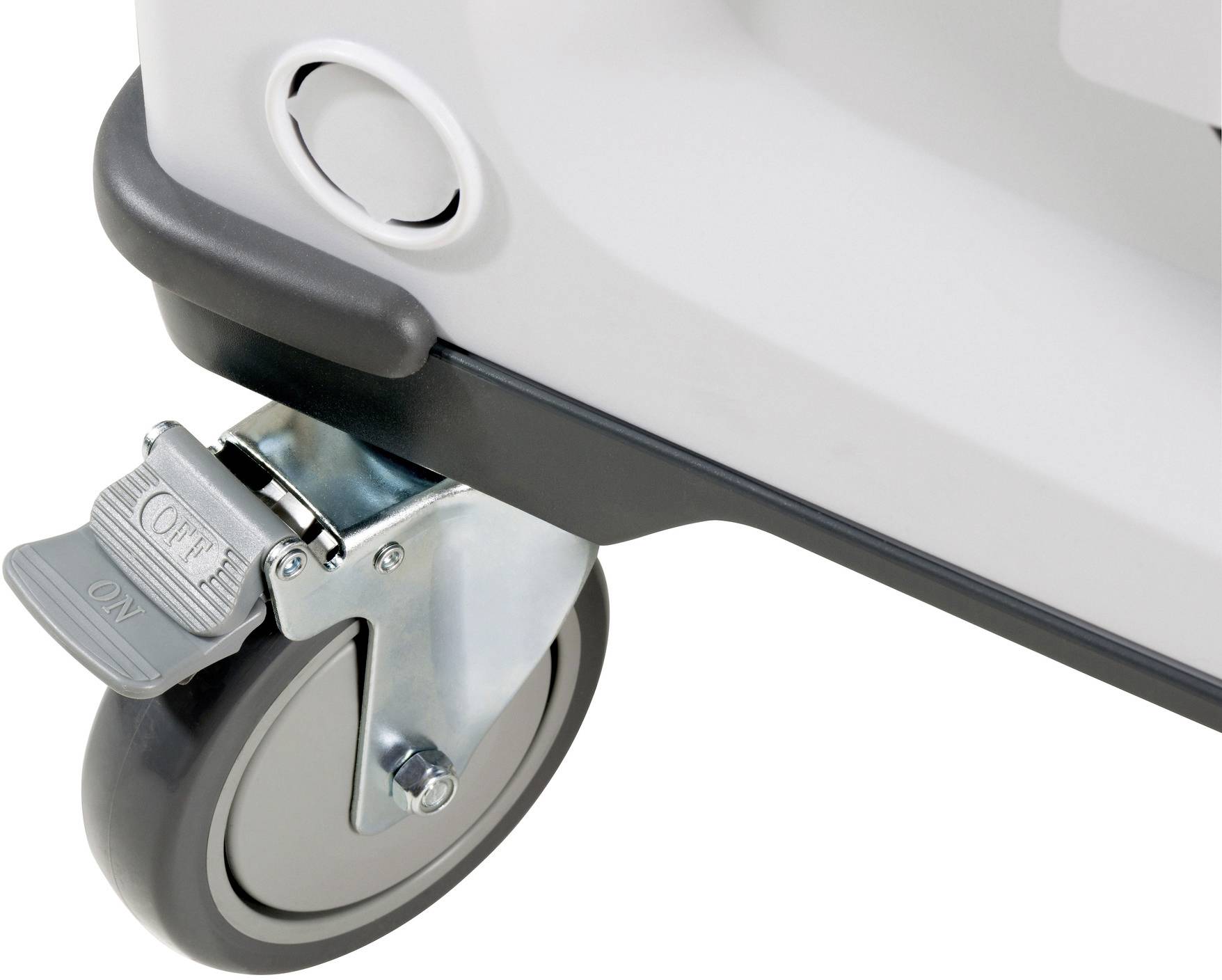 Zbliżenie szarego pokrętła z hamulcem oznaczonym napisami 'ON' i 'OFF', przymocowanego do białego urządzenia.