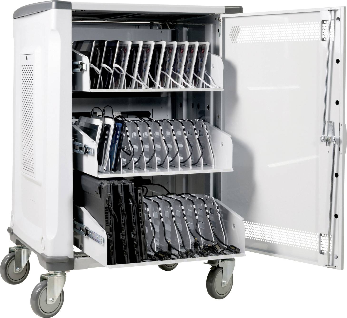Otwarty szafka na ładowanie i przechowywanie, wypełniona wieloma tabletami ułożonymi w rzędach. Szafka stoi na kółkach.