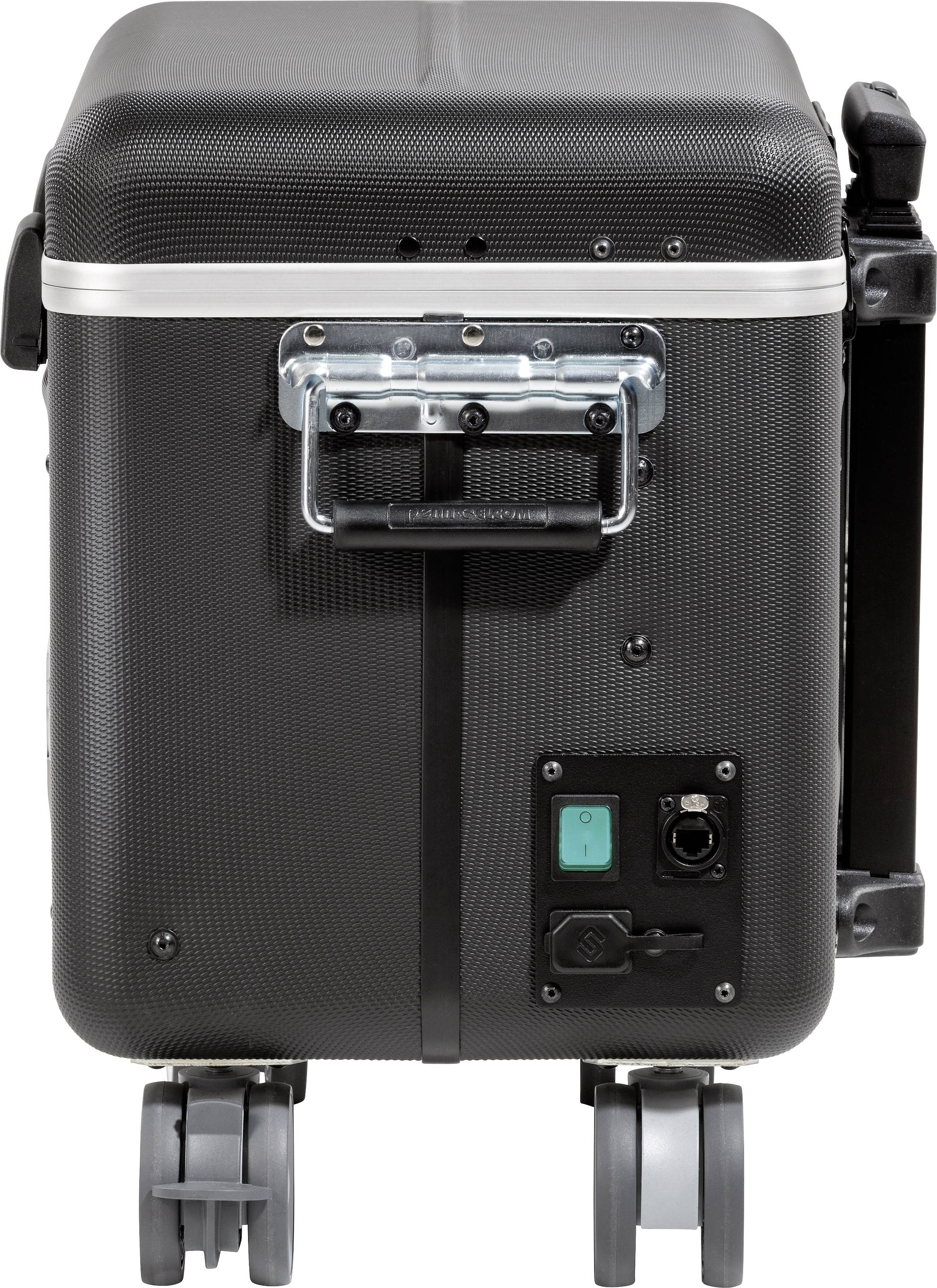 Czarna, wytrzymała torba transportowa na kółkach z uchwytem i przełącznikami, odpowiednia do przewożenia delikatnego sprzętu.