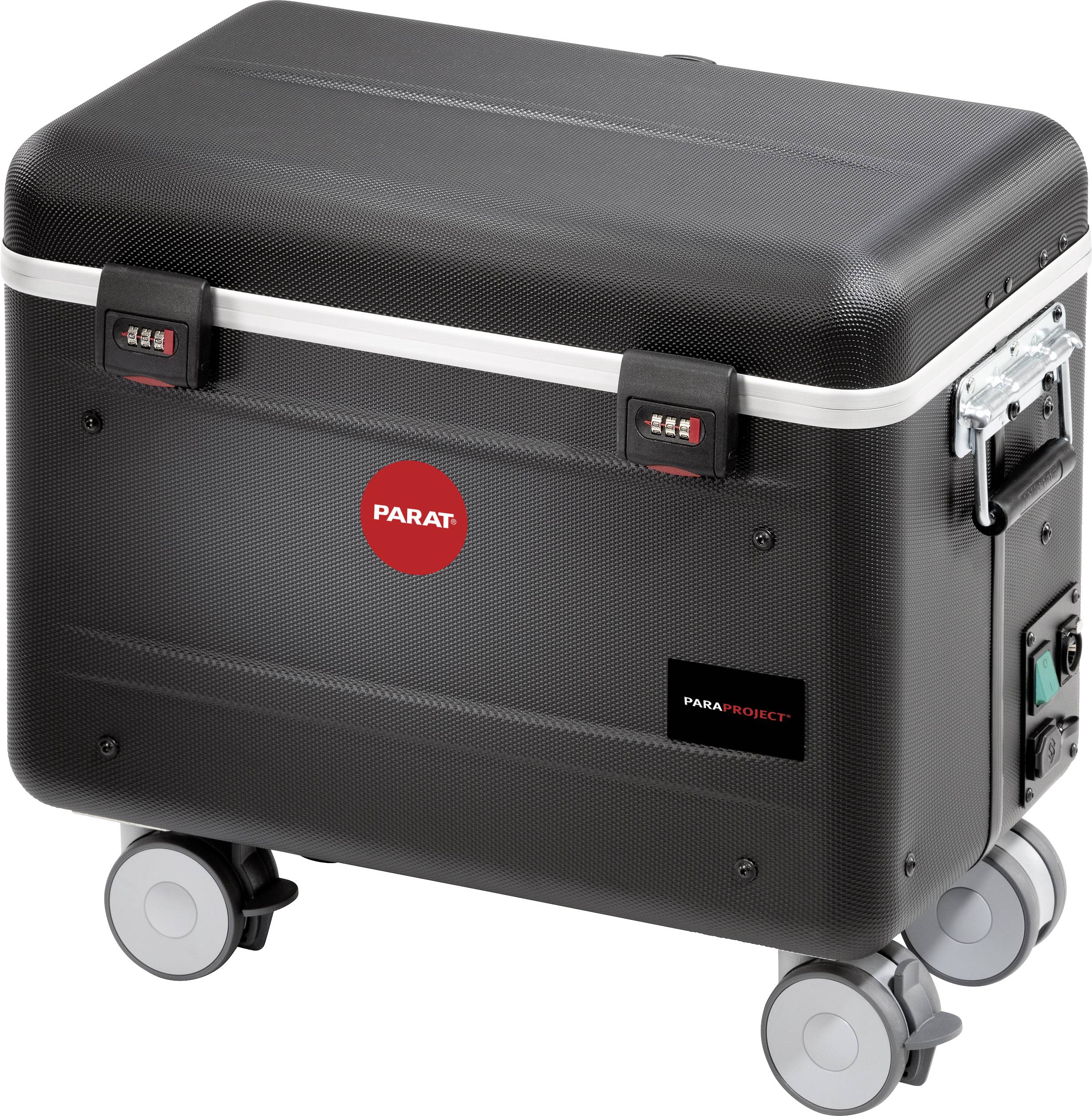 Czarny kufer transportowy na kółkach z zamkami szyfrowanymi, marki 'Parat'. Idealny do bezpiecznego przewozu sprzętu technicznego.