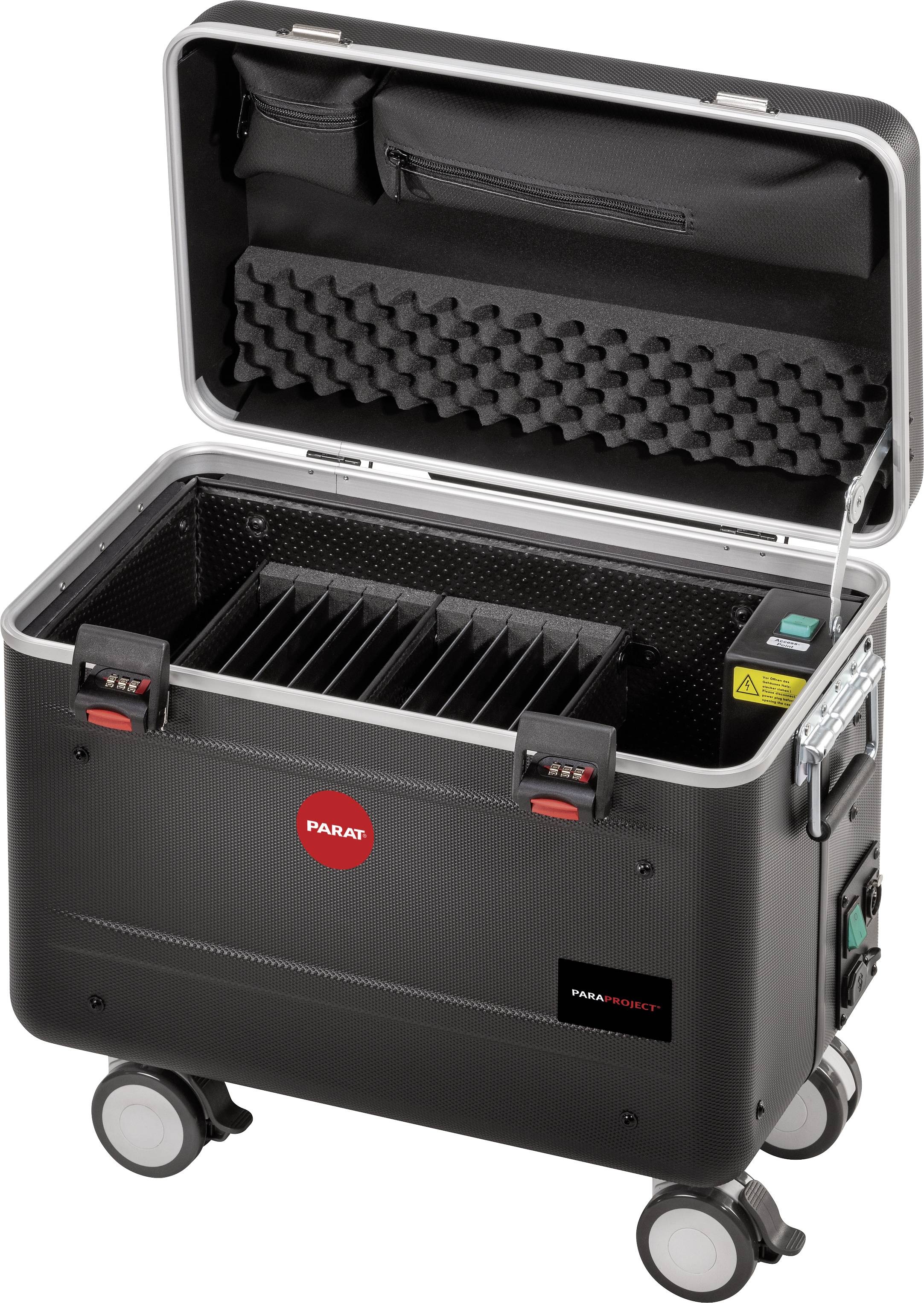 Mobilna walizka z otwartą pokrywą, wyściełanym wnętrzem i przegródkami, odpowiednia do przechowywania narzędzi lub sprzętu.