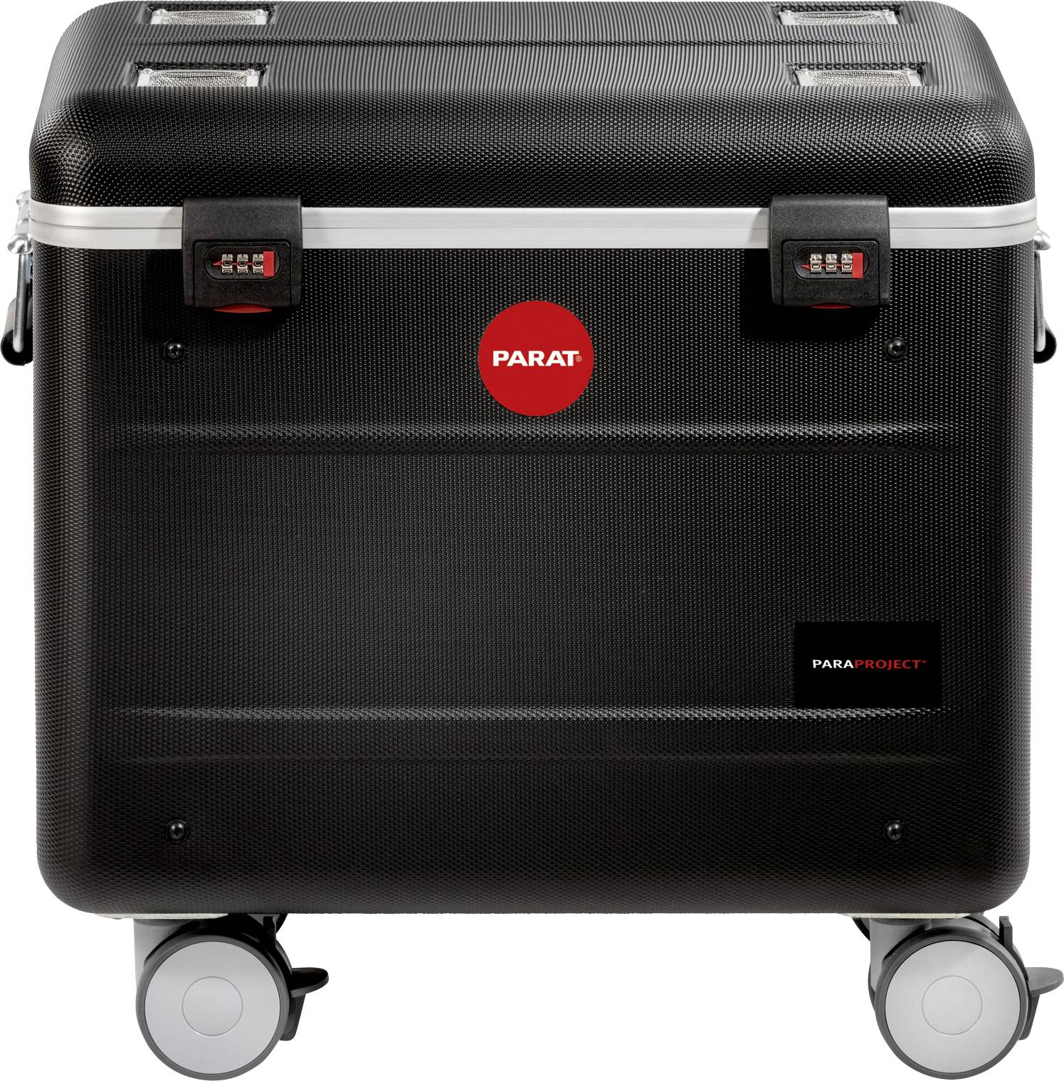 Walizka transportowa 'PARAT' z możliwością przewożenia, wyposażona w wytrzymałe ścianki, metalowe uchwyty oraz zamki szyfrowe. Idealna do bezpiecznego przewozu sprzętu.