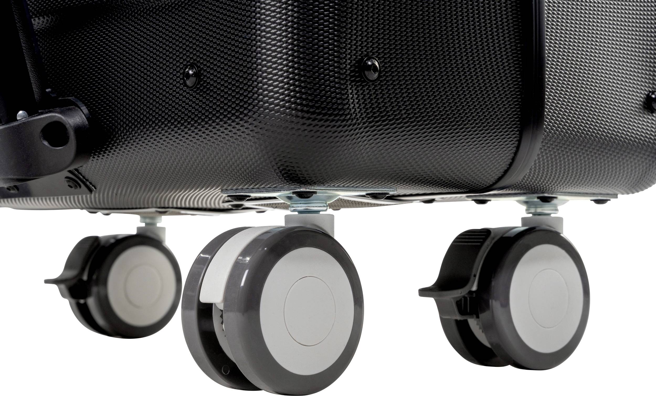 Zbliżenie czterech stabilnych kółek bagażowych na czarnej, strukturyzowanej walizce, zapewniających łatwość manewrowania.