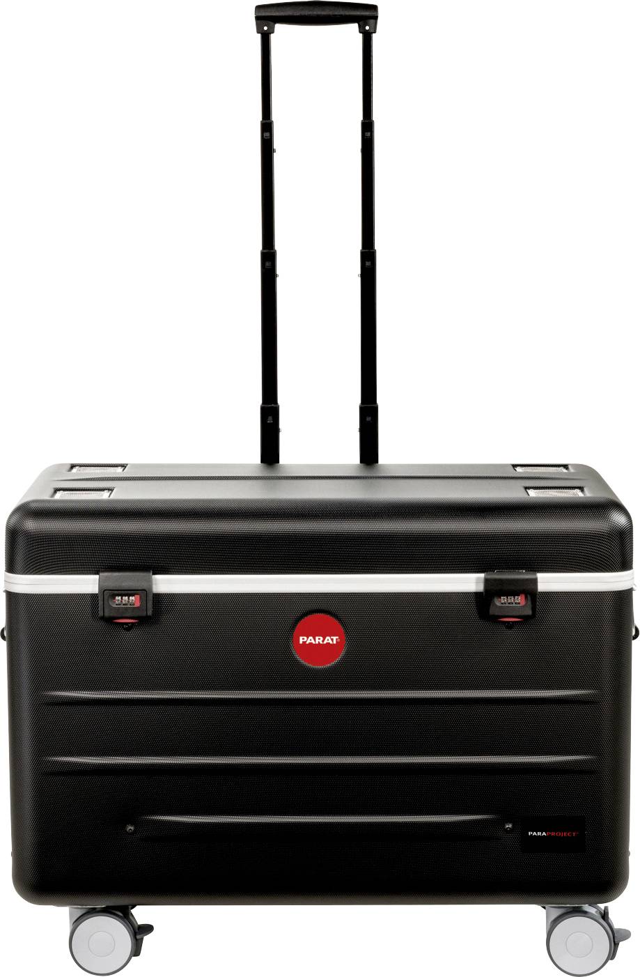 Czarny kufer narzędziowy z wysuwaną rączką i kółkami, odpowiedni do transportu narzędzi i sprzętu.