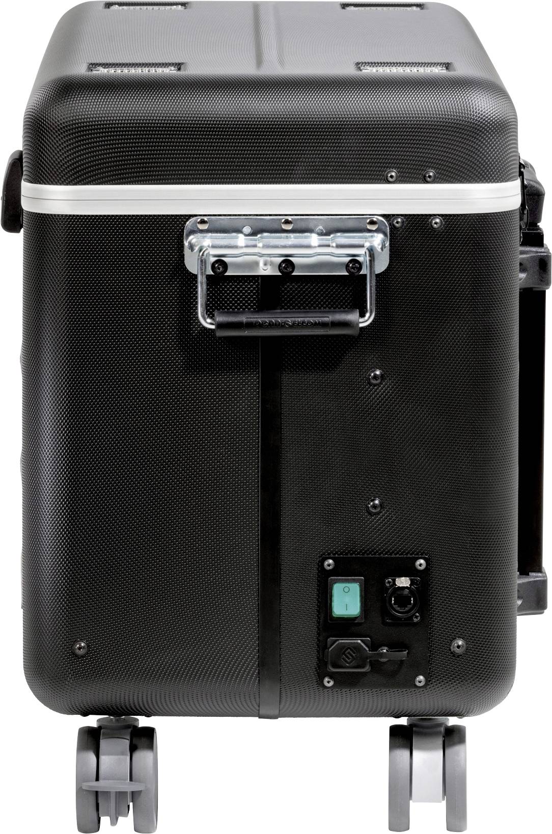 Czarny, składany twardy kufer z uchwytami, metalową klamrą i zielonym złączem na spodzie.