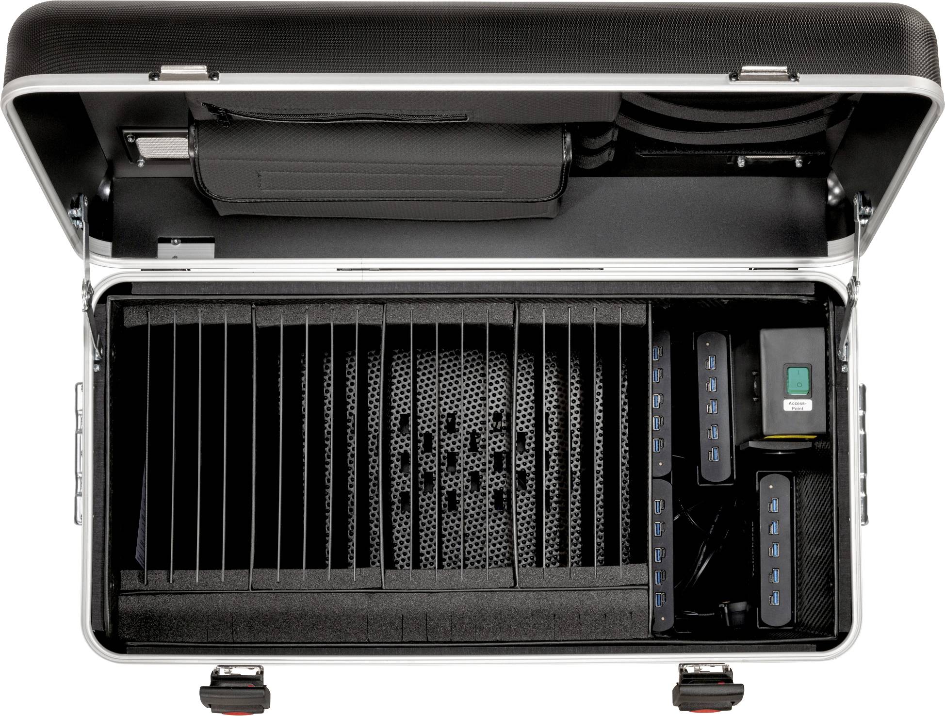 Otwarty kufer z zorganizowanym wnętrzem, oddzielonymi przegrodami i panelami sterowania, gotowy do przechowywania i użycia urządzeń.