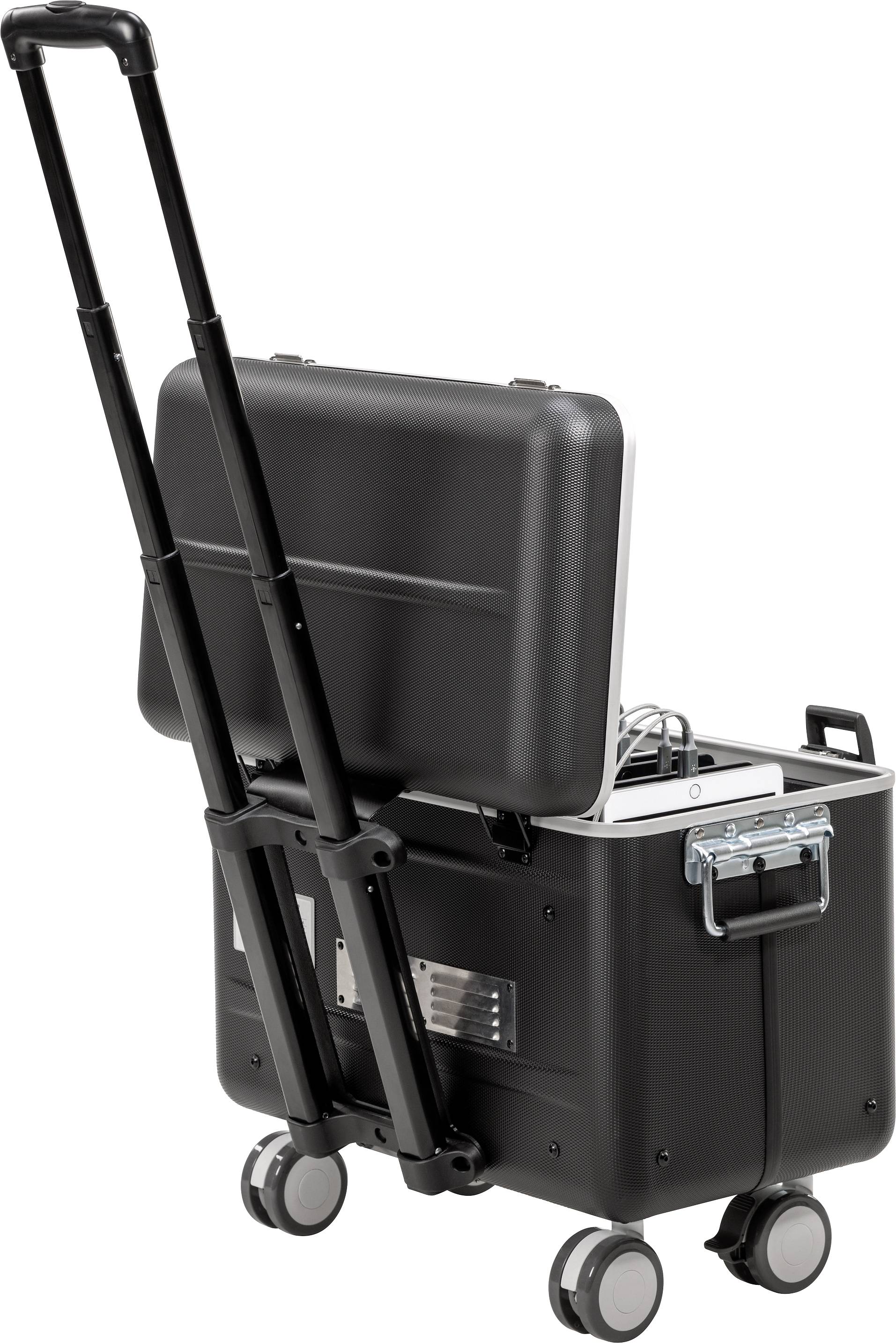 Czarny, przewoźny kuferek z uchwytem i składaną pokrywą, który odkrywa urządzenia we wnętrzu, przydatny do mobilnego użycia lub transportu.