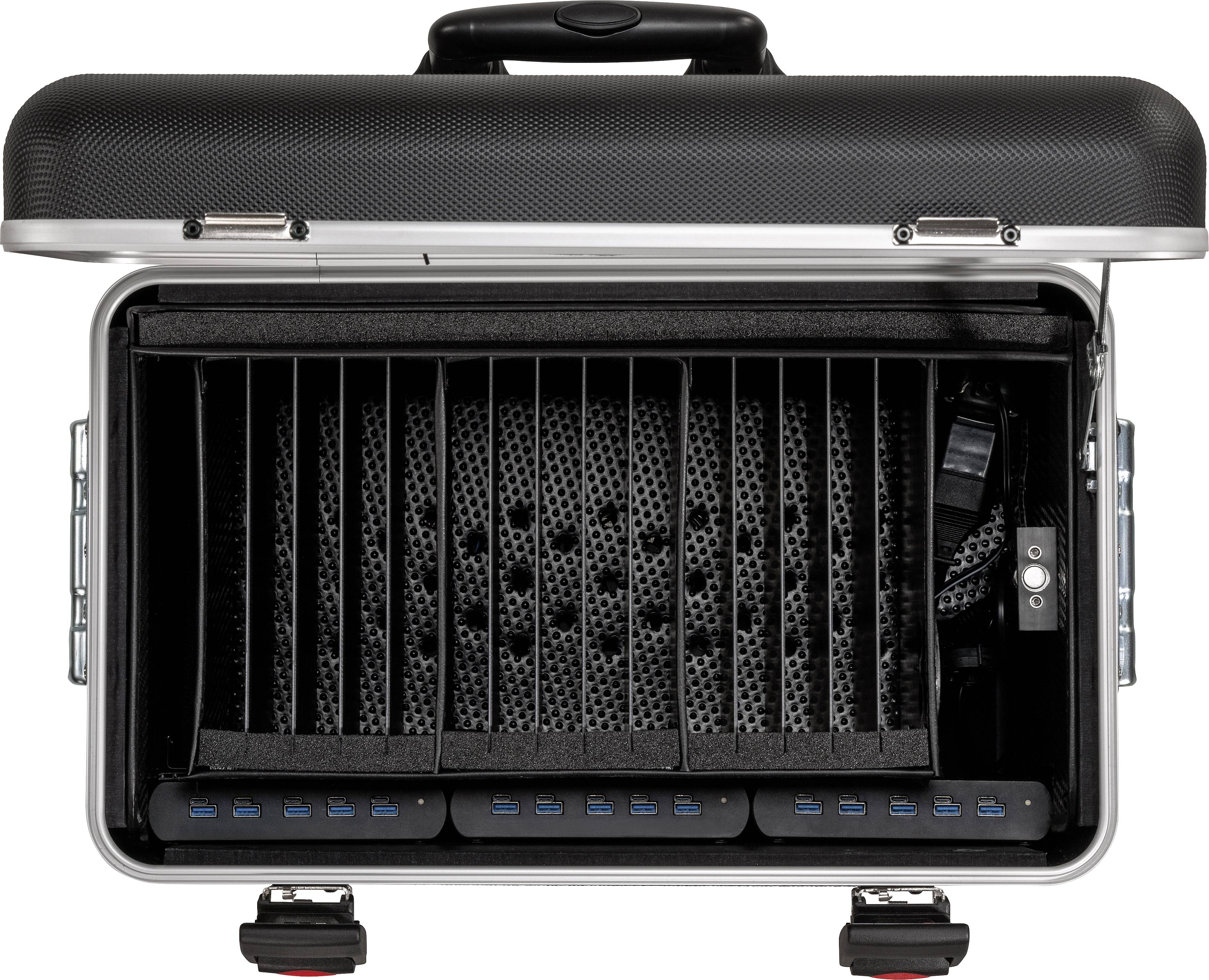 Zamknięta czarna walizka z wieloma portami USB wewnątrz, odpowiednia do przechowywania i ładowania urządzeń elektronicznych.