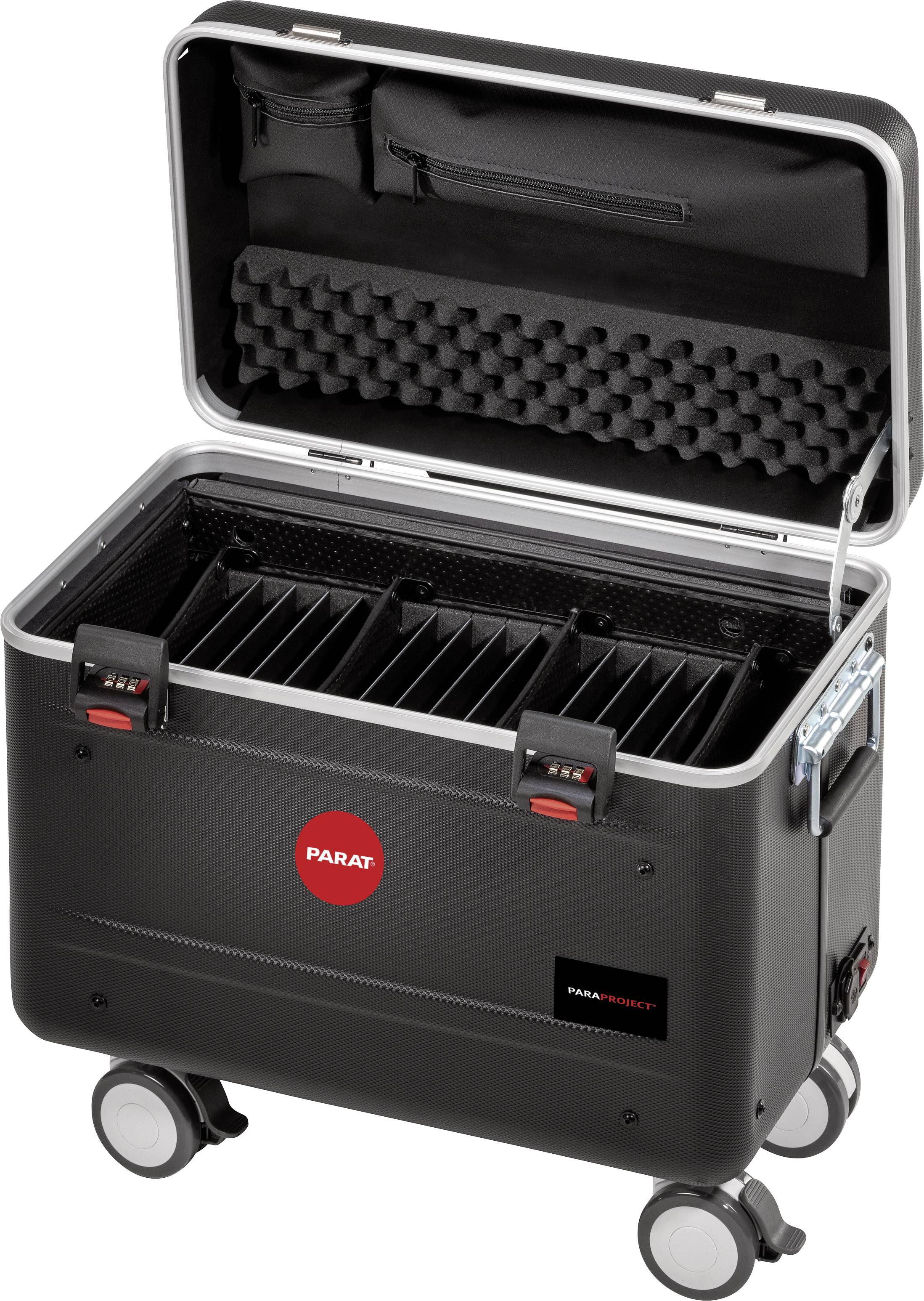 Czarny walizka na kółkach z otwartą klapą, wewnętrznymi przegródkami do przechowywania, zawierająca wyściółkę piankową, widoczne logo marki 'PARAT'.