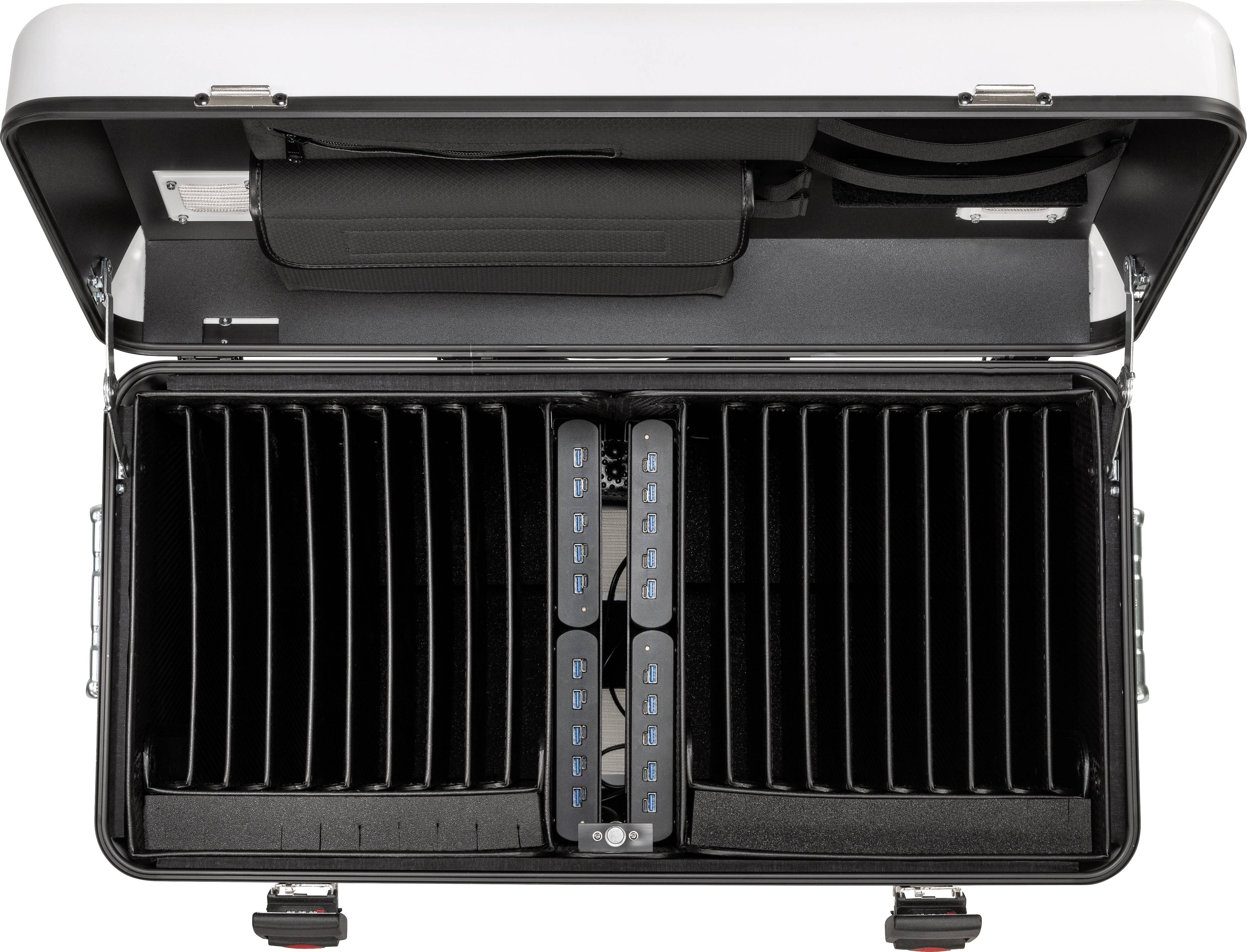 Otwarty kufer z przegródkami na urządzenia elektroniczne lub akcesoria, zabezpieczony wyściółką piankową.