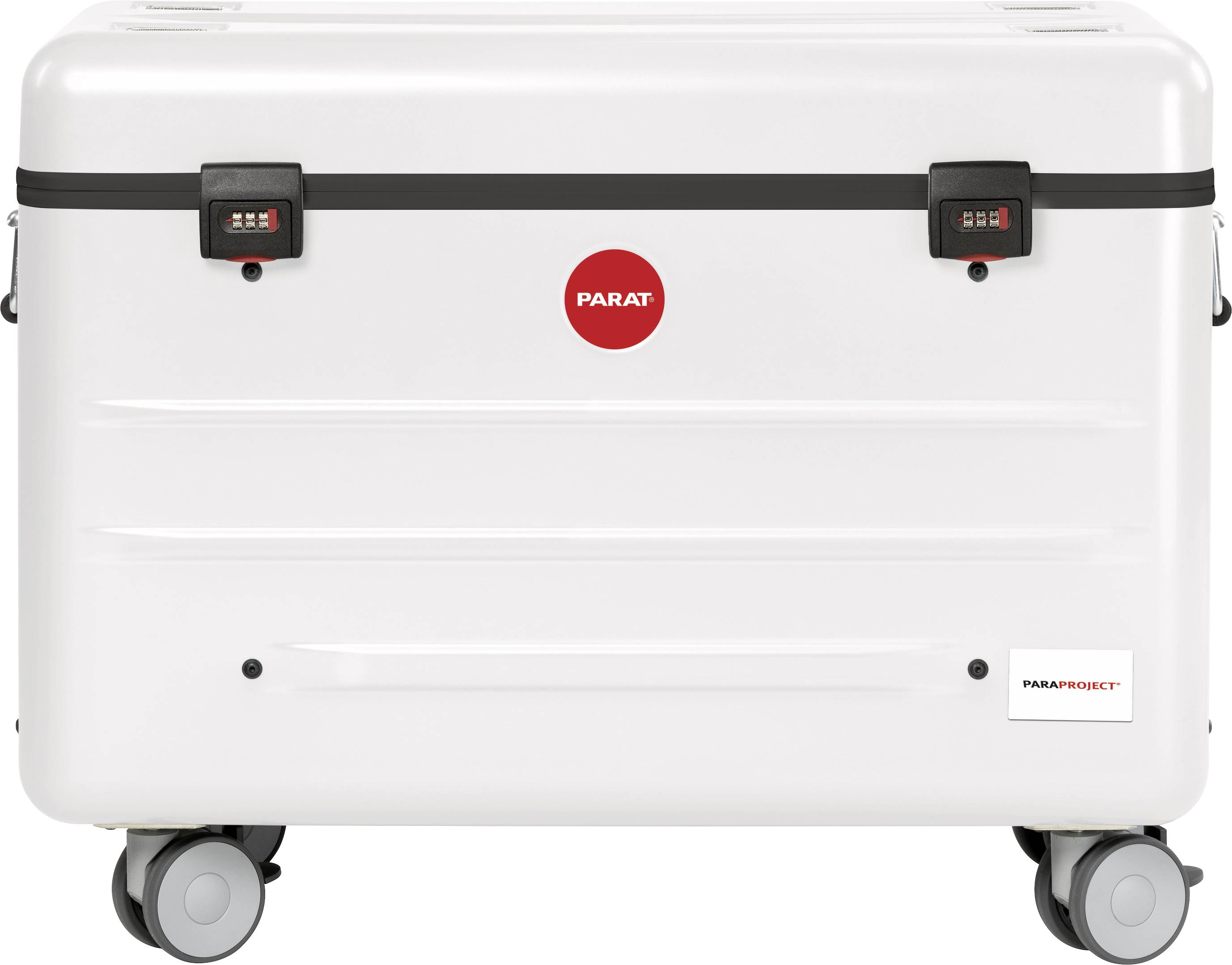 Biały, przewoźny kufer transportowy z czerwonym logo 'PARAT' i dwoma zamkami szyfrowanymi na przedniej stronie.