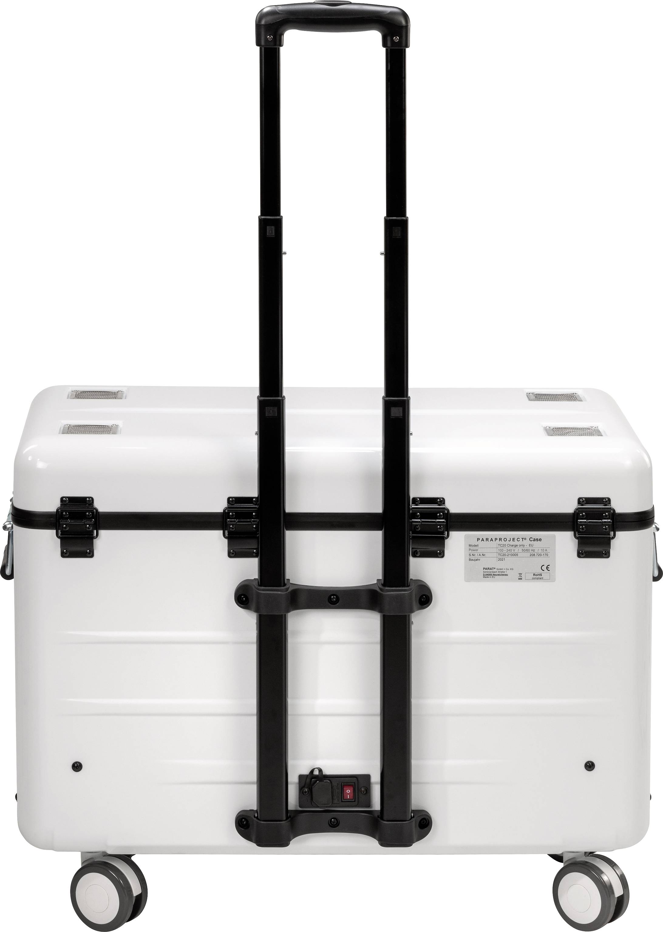 Biała walizka na kółkach z wysuwaną rączką, stojąca na płaskiej powierzchni.