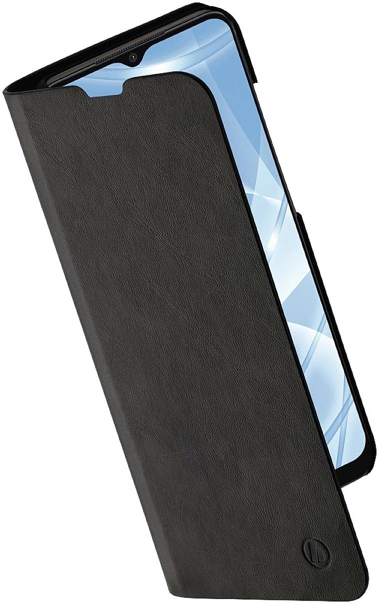 Smartfon w czarnym etui, lekko rozłożony. Ekran świeci na niebiesko.