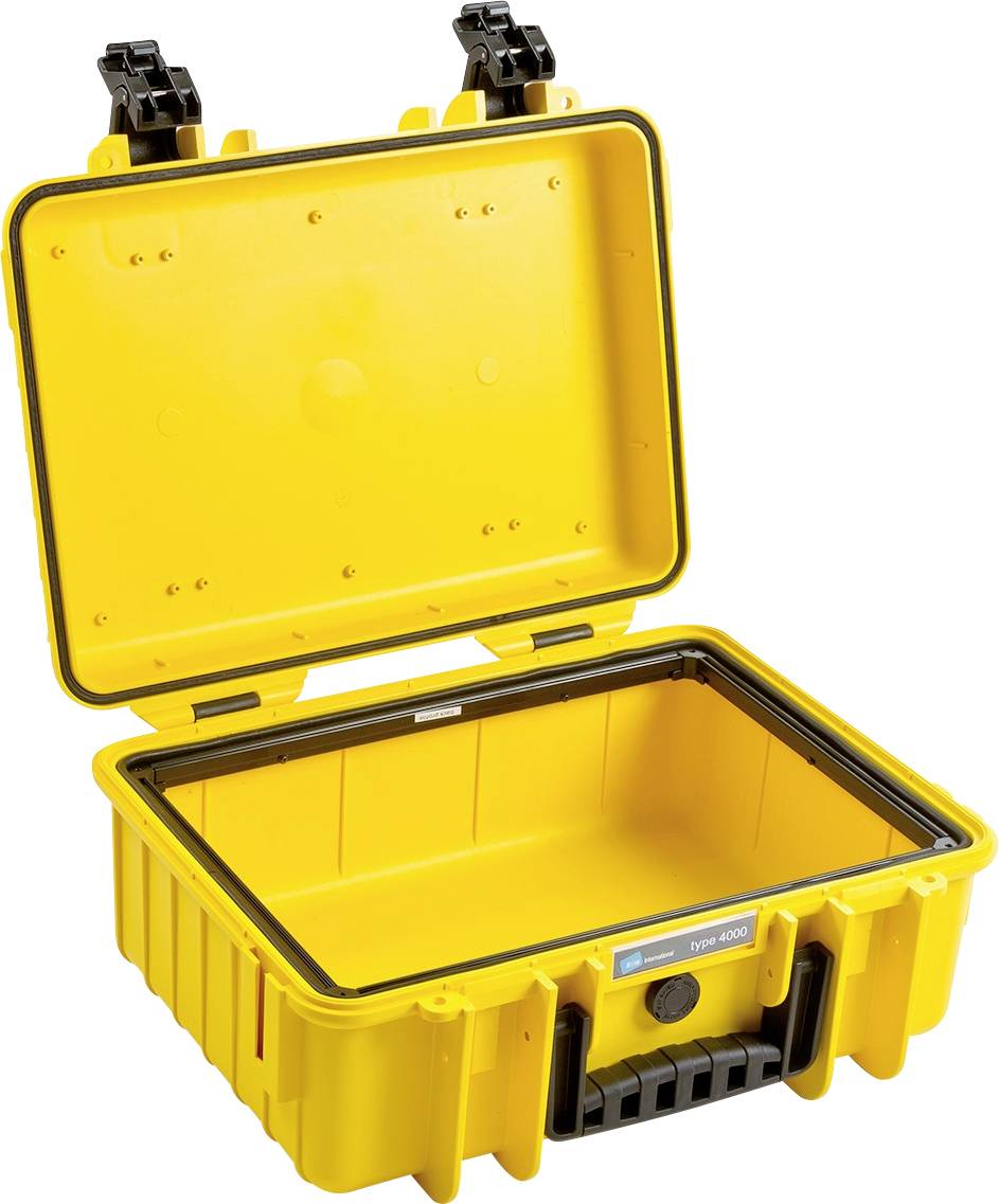 Żółty, otwarty plastikowy kufer transportowy z wyściółką piankową. Nadaje się do bezpiecznego przewożenia delikatnego sprzętu.