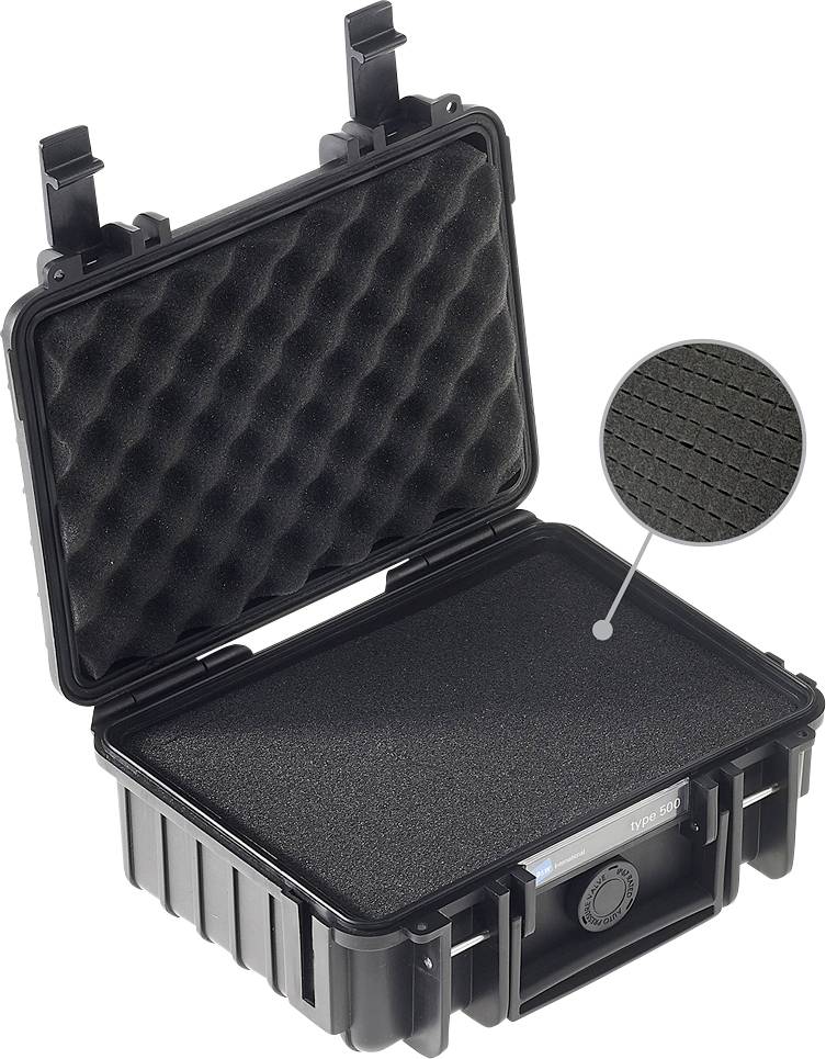 Czarny, otwarty kufer ochronny z wyściółką piankową wewnątrz. Powiększony widok wzoru pianki wyróżniony.