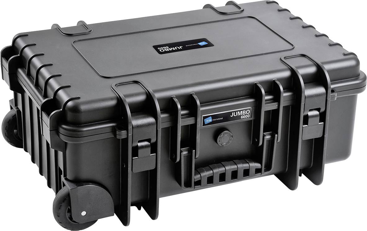 Czarny, wytrzymały kufer transportowy na kółkach z uchwytami i zamkami, idealny do bezpiecznego przewozu delikatnego sprzętu.
