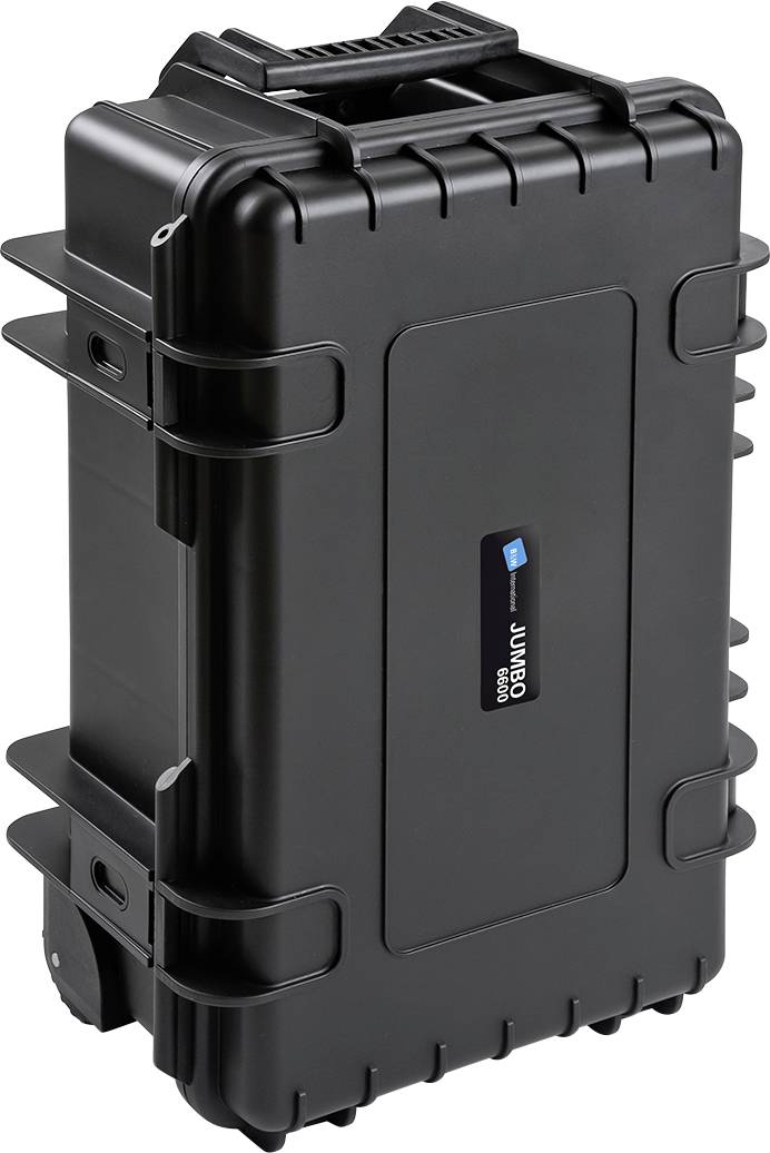 Duży, czarny twardy kufer z kółkami i uchwytem, odpowiedni do bezpiecznego transportu delikatnych przedmiotów.