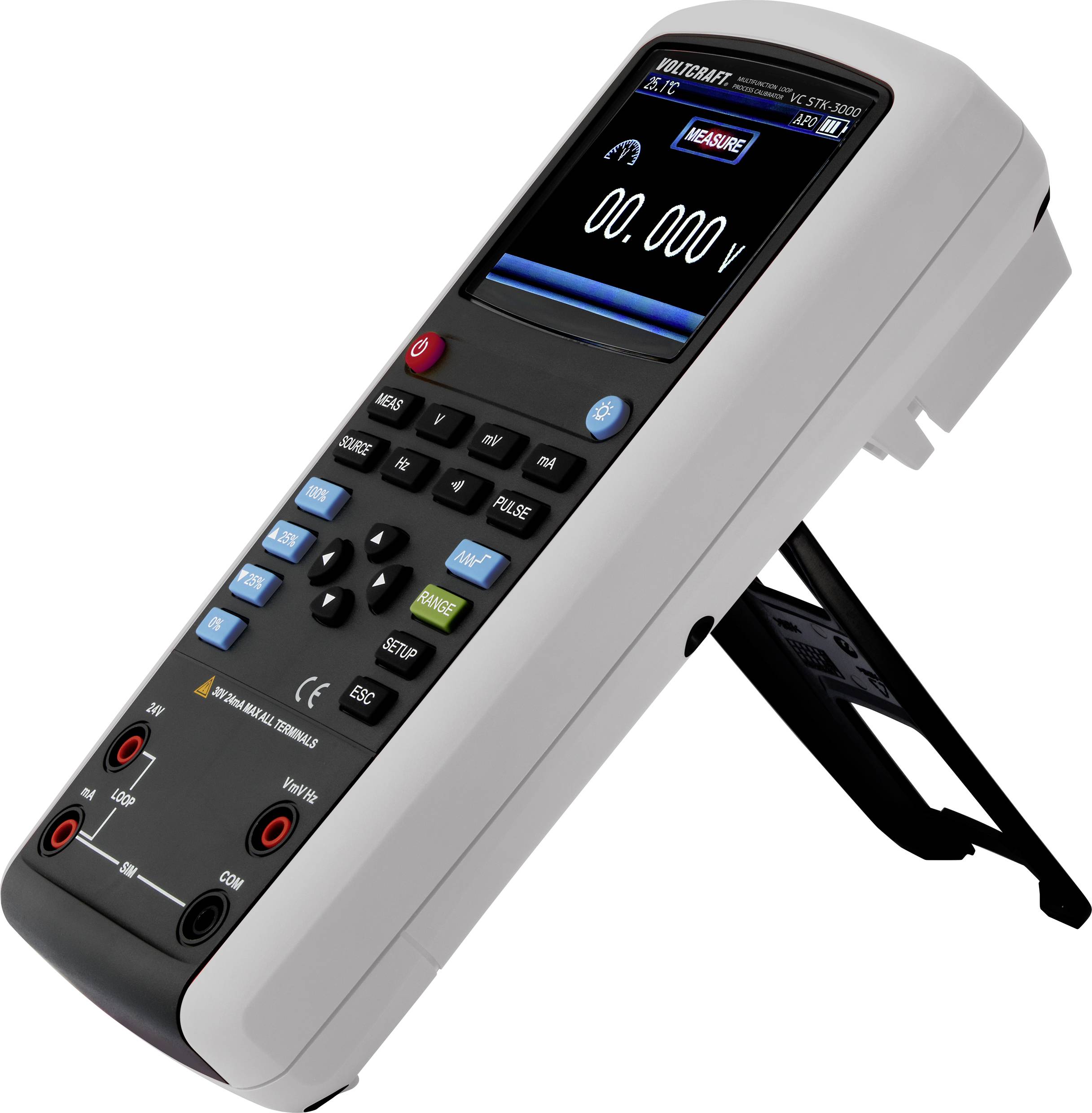 Przenośne urządzenie pomiarowe z kolorowym wyświetlaczem i wieloma przyciskami sterującymi, wyświetlające pomiary cyfrowe. Umieszczone na podstawce.