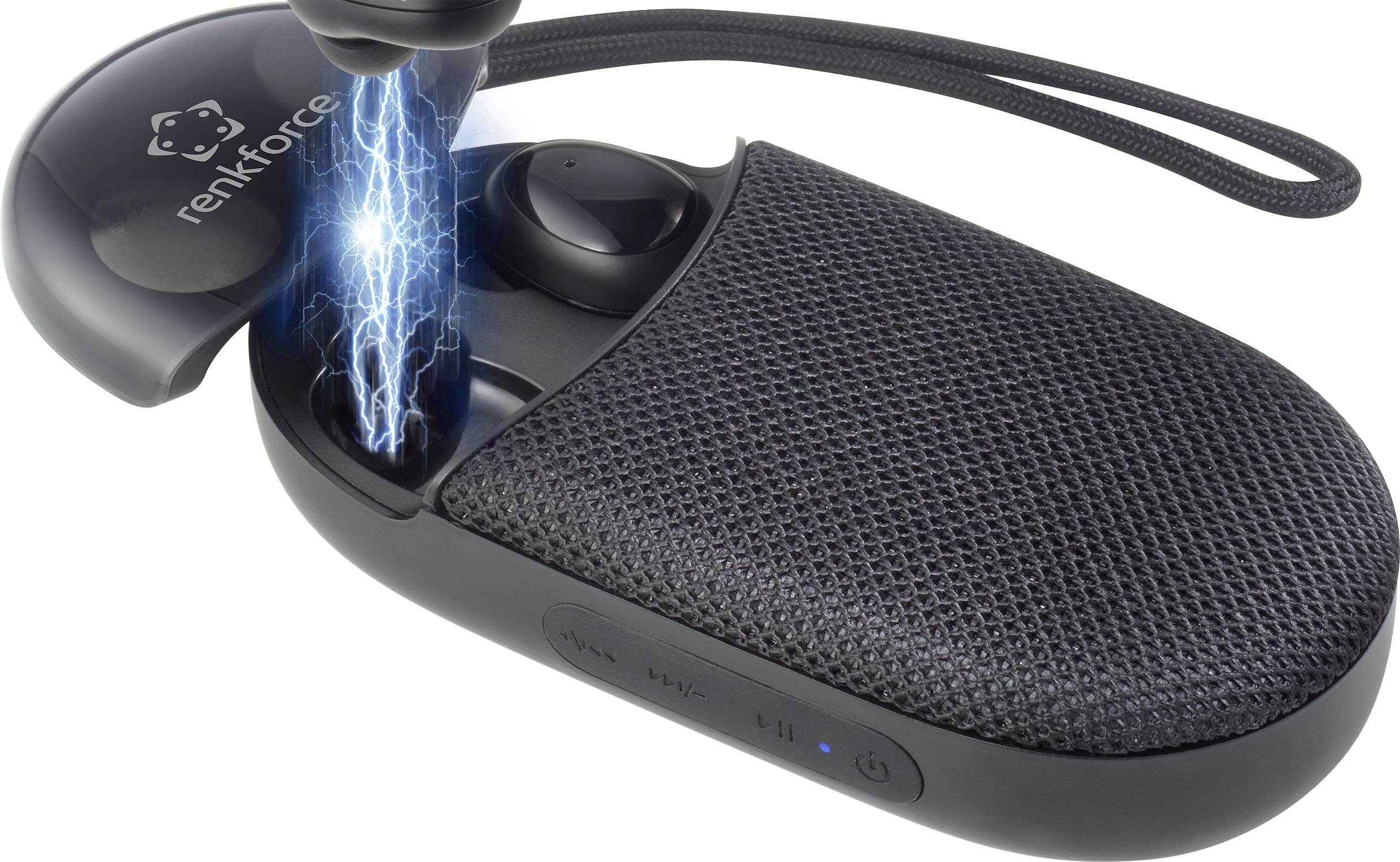 Bezprzewodowe słuchawki douszne z etui ładującym przypominającym mały głośnik. Efekt świetlny wskazuje na funkcję ładowania.