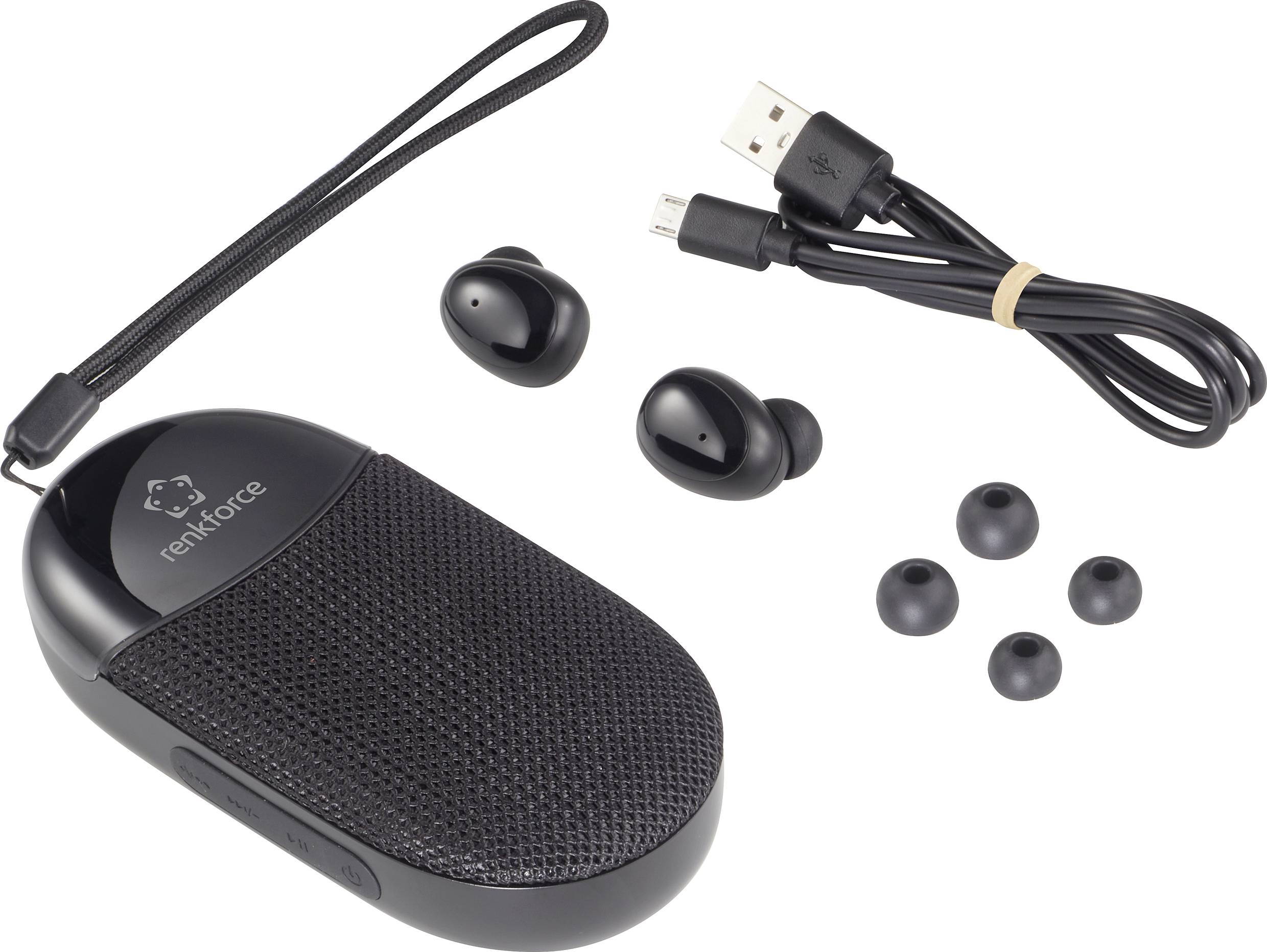 Zestaw głośnikowy Bluetooth z dwoma bezprzewodowymi słuchawkami dousznymi, kablem USB, różnymi nakładkami na uszy oraz przenośnym głośnikiem z nadrukiem 'renkforce'.