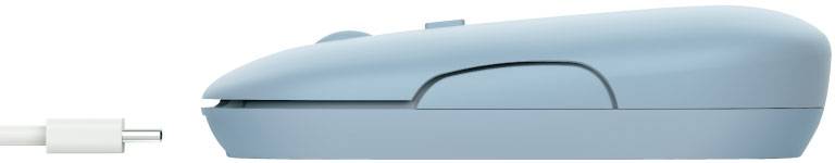 Jasnoniebieska mysz komputerowa z przewodem USB-C, widok z boku.