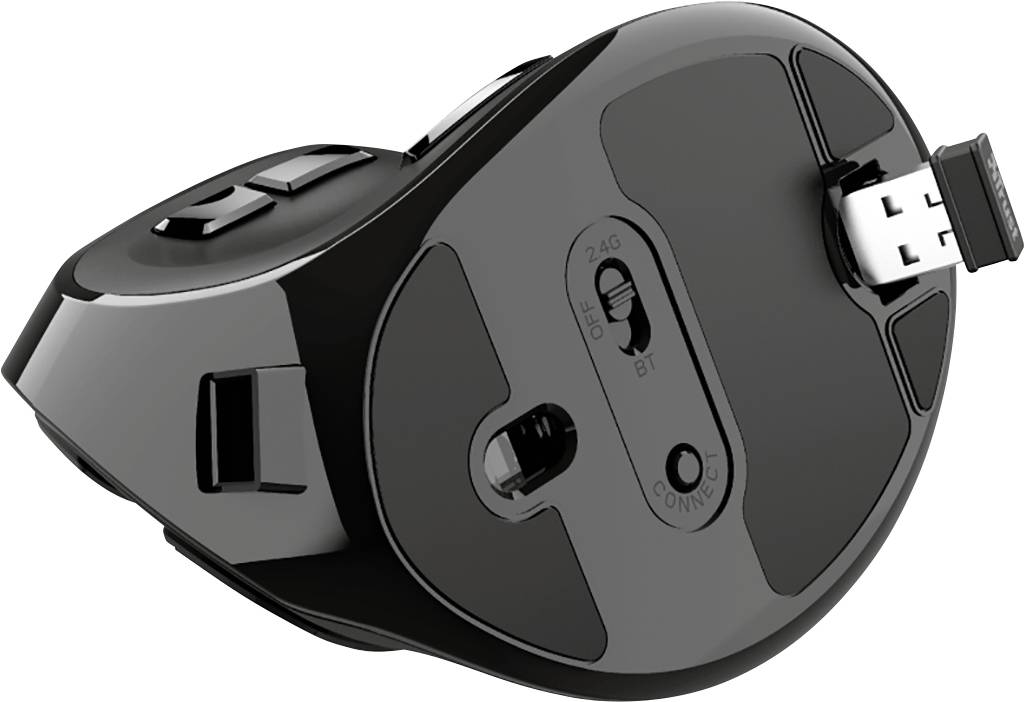 Czarna bezprzewodowa mysz komputerowa z adapterem USB i przełącznikiem trybu połączenia między 2,4G a BT. Widoczny spód z sensorem i komorą baterii.