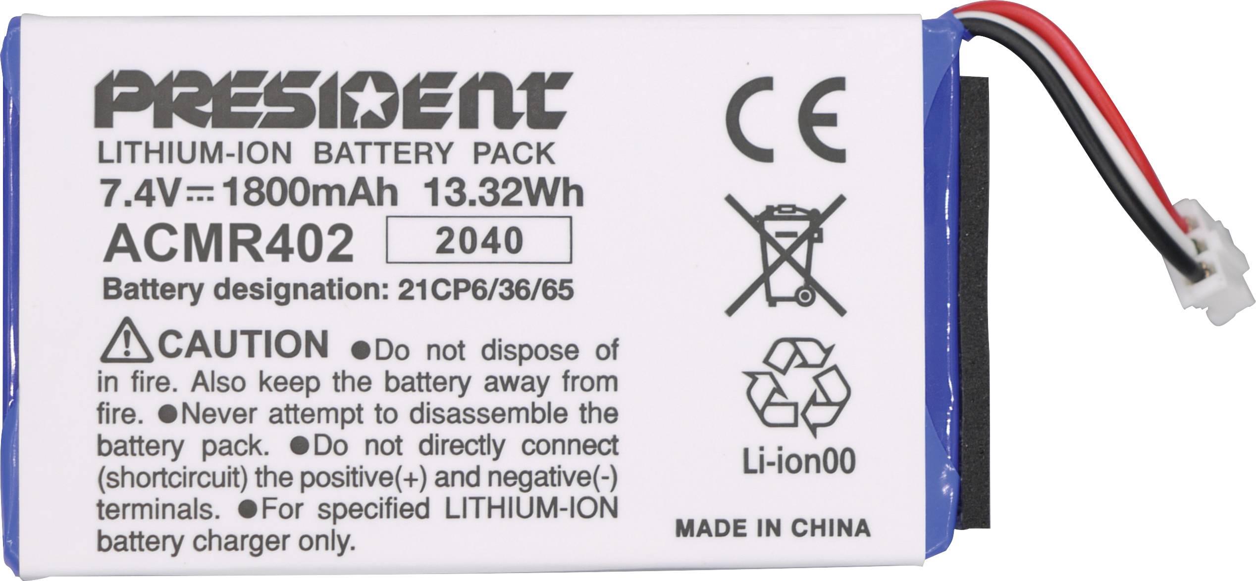 Akumulator litowo-jonowy o napięciu 7,4V, pojemności 1800mAh, 13,32Wh. Model 'ACMR402'. Ostrzeżenie: Nie otwierać ani nie demontować. Wyprodukowano w Chinach.