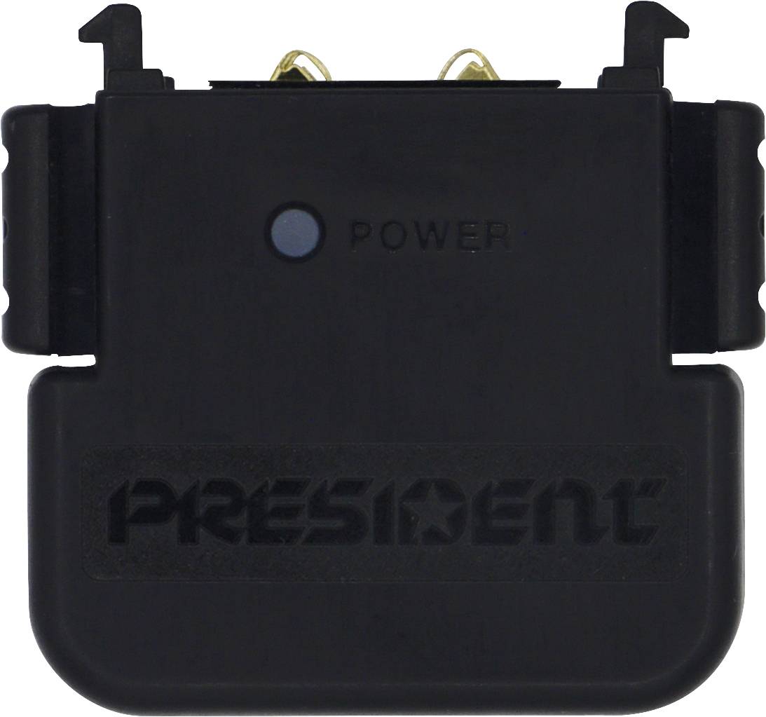 Czarny elektroniczny sprzęt z napisem "President" i wskaźnikiem zasilania.